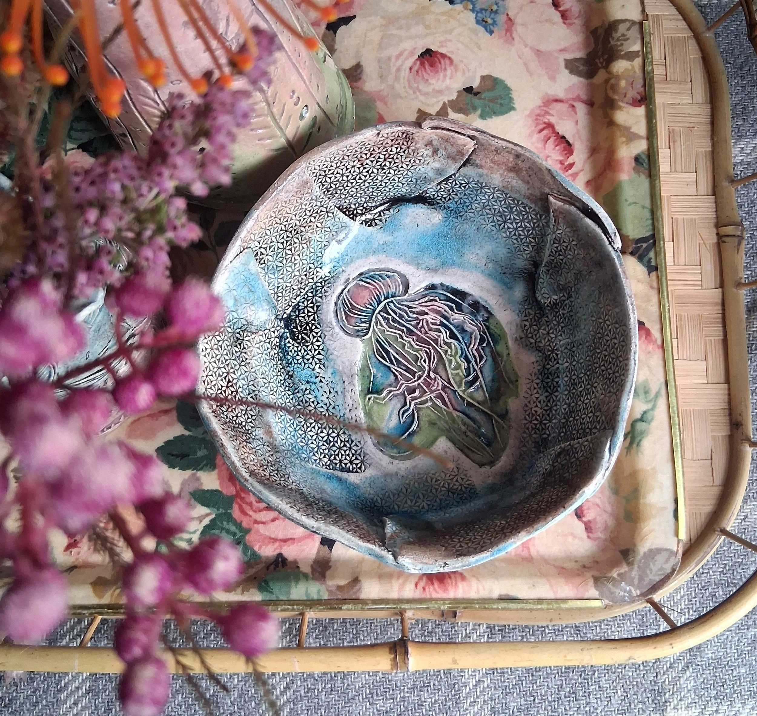 jellyfish bowl dish ceramic handmade stoneware in pink and turquoise