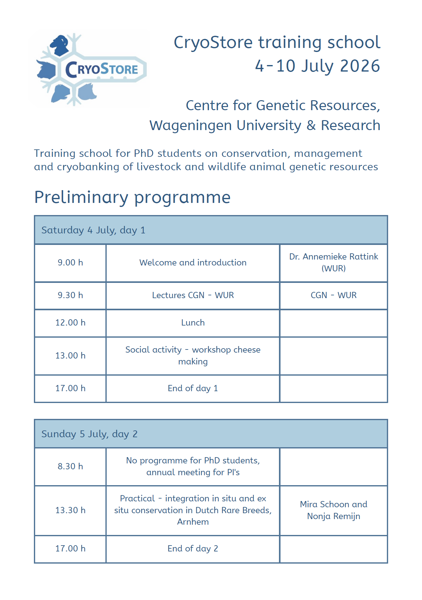 Preliminary program for the third CryoStore Training School