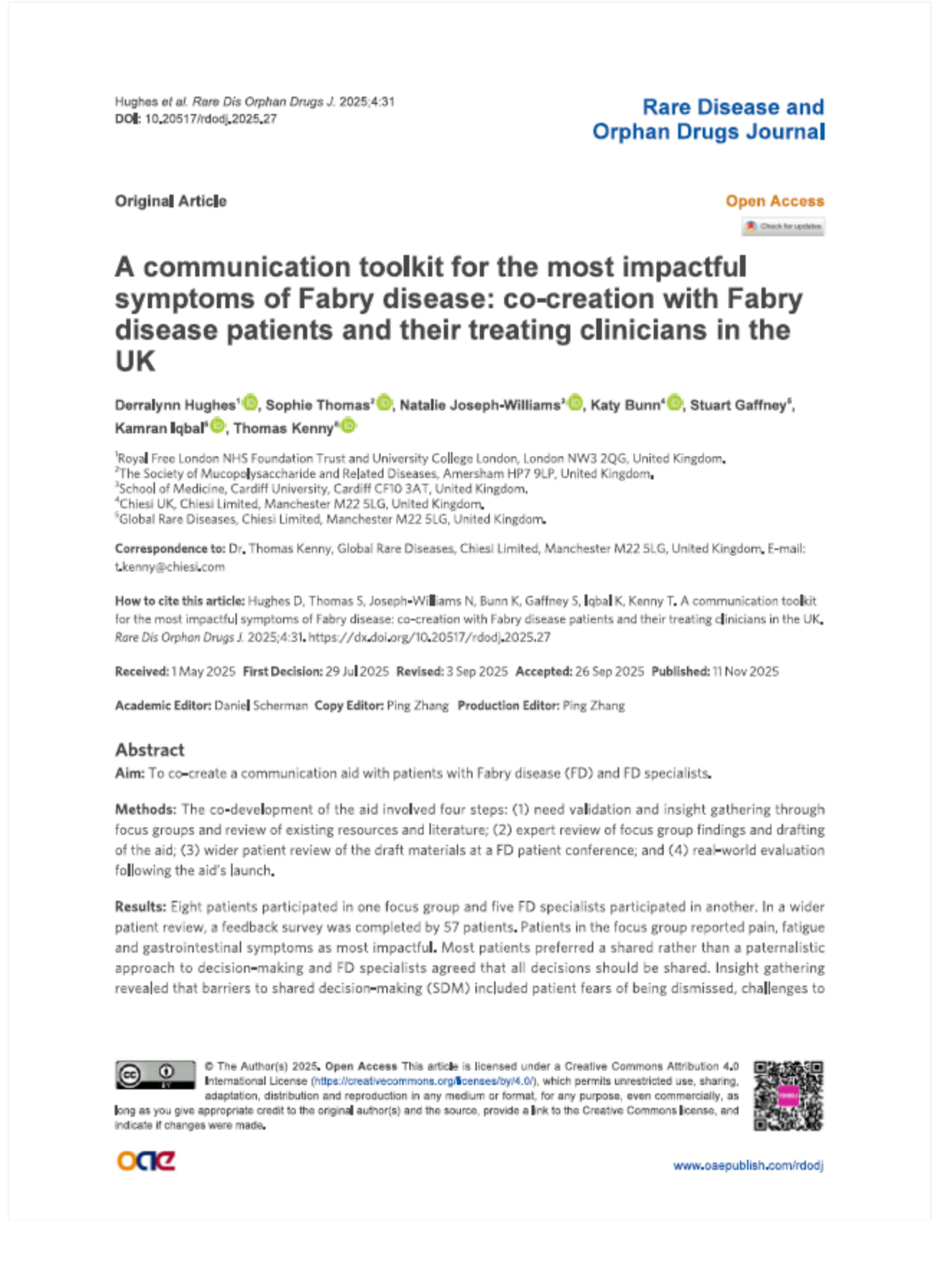 A communication toolkit for the most impactful symptoms of Fabry Disease: co-creation with Fabry disease patients and their treating clinicians in the UK. FABRY | NOV 2025