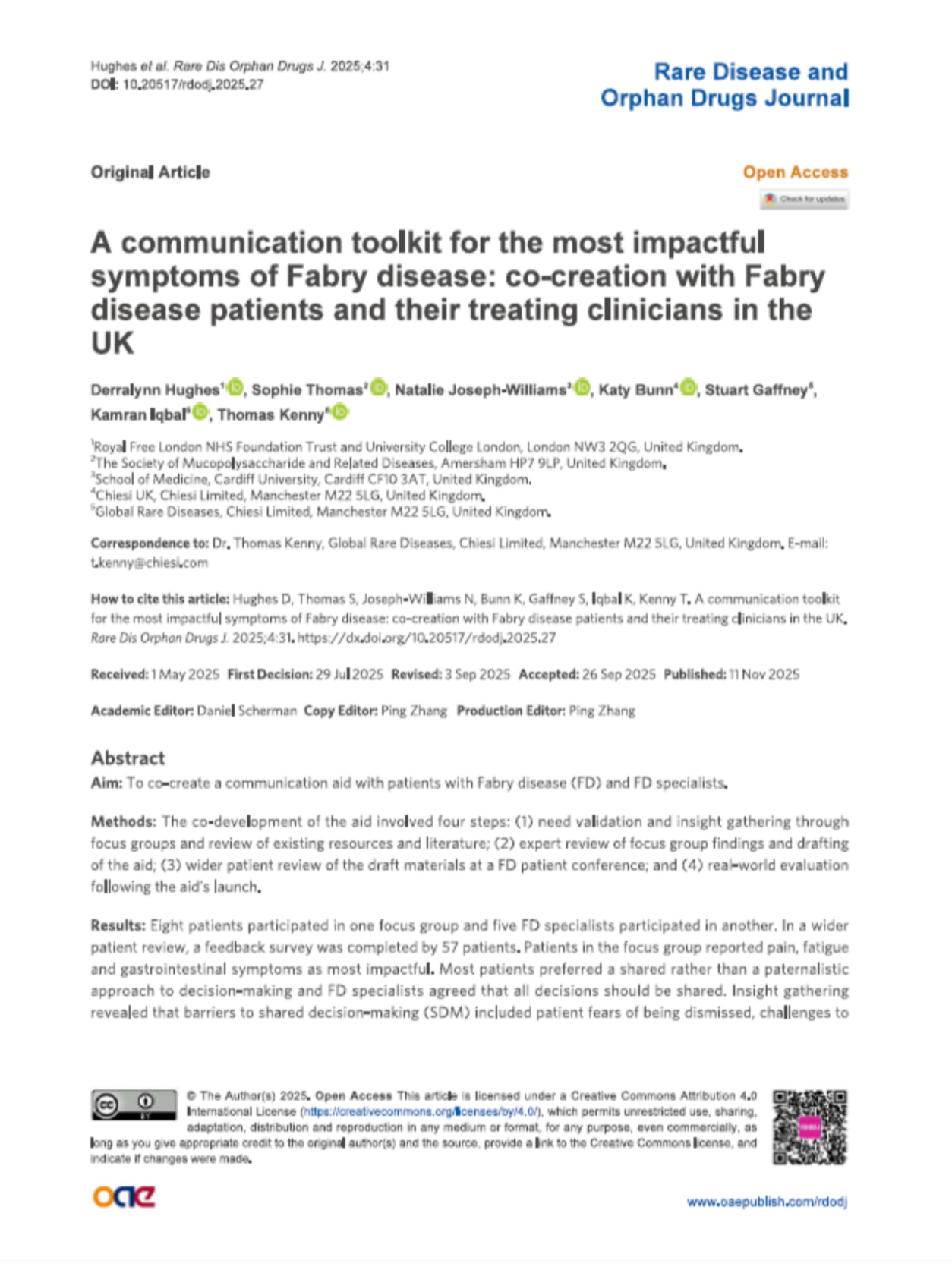 A communication toolkit for the most impactful symptoms of Fabry Disease: co-creation with Fabry disease patients and their treating clinicians in the UK. FABRY | NOV 2025