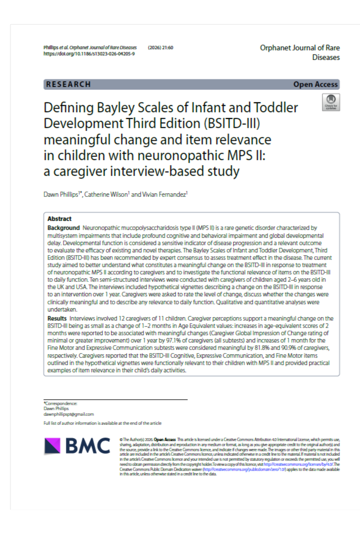 Defining Bayley Scales of Infant and Toddler Development Third Edition (BSITD-III) meaningful change and item relevance in children with neuronopathic MPS II: a caregiver interview-based study. MPS II | JAN 2026