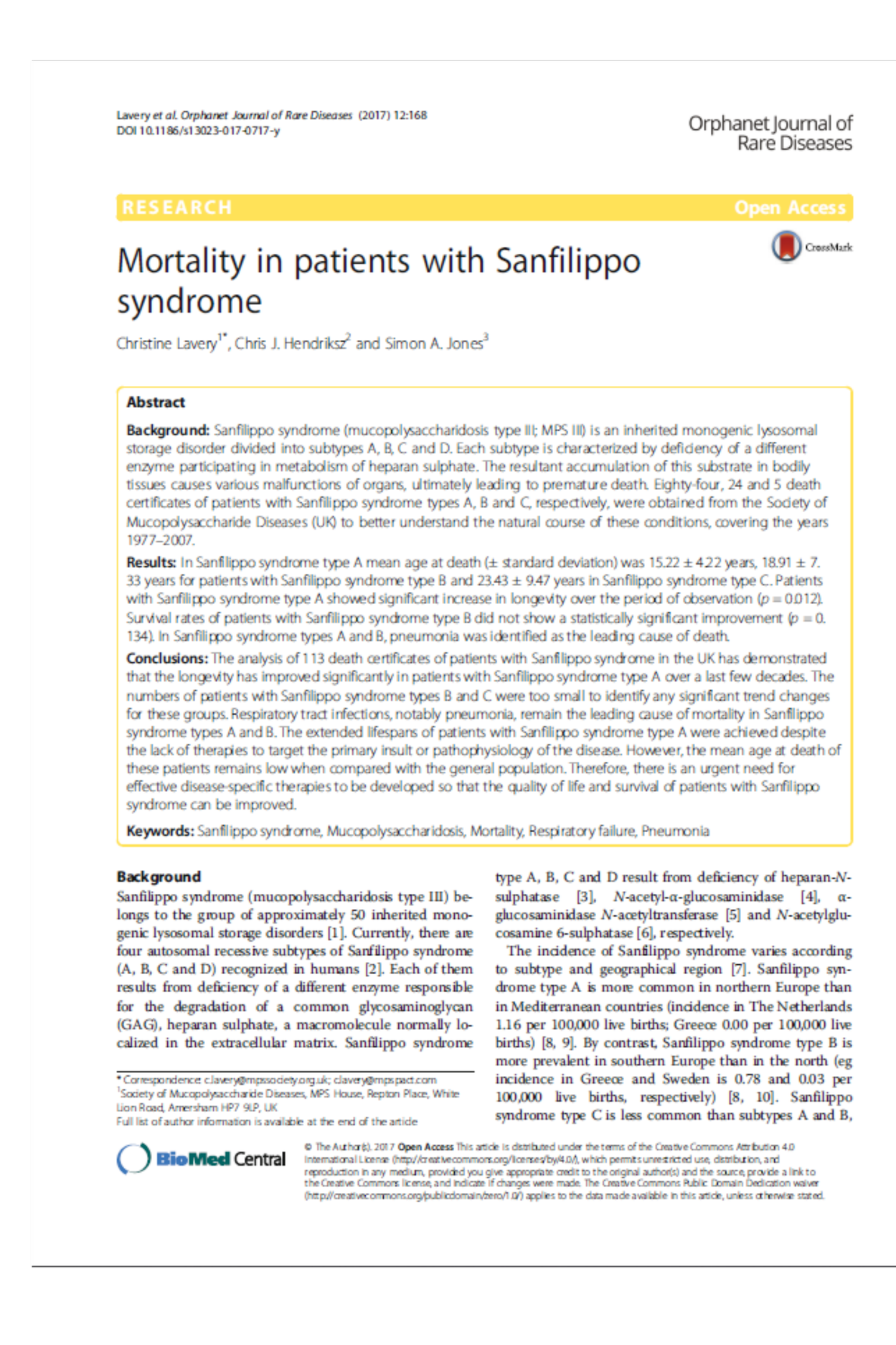 Mortality in patients with Sanfilippo syndrome. MPS III | DEC 2017
