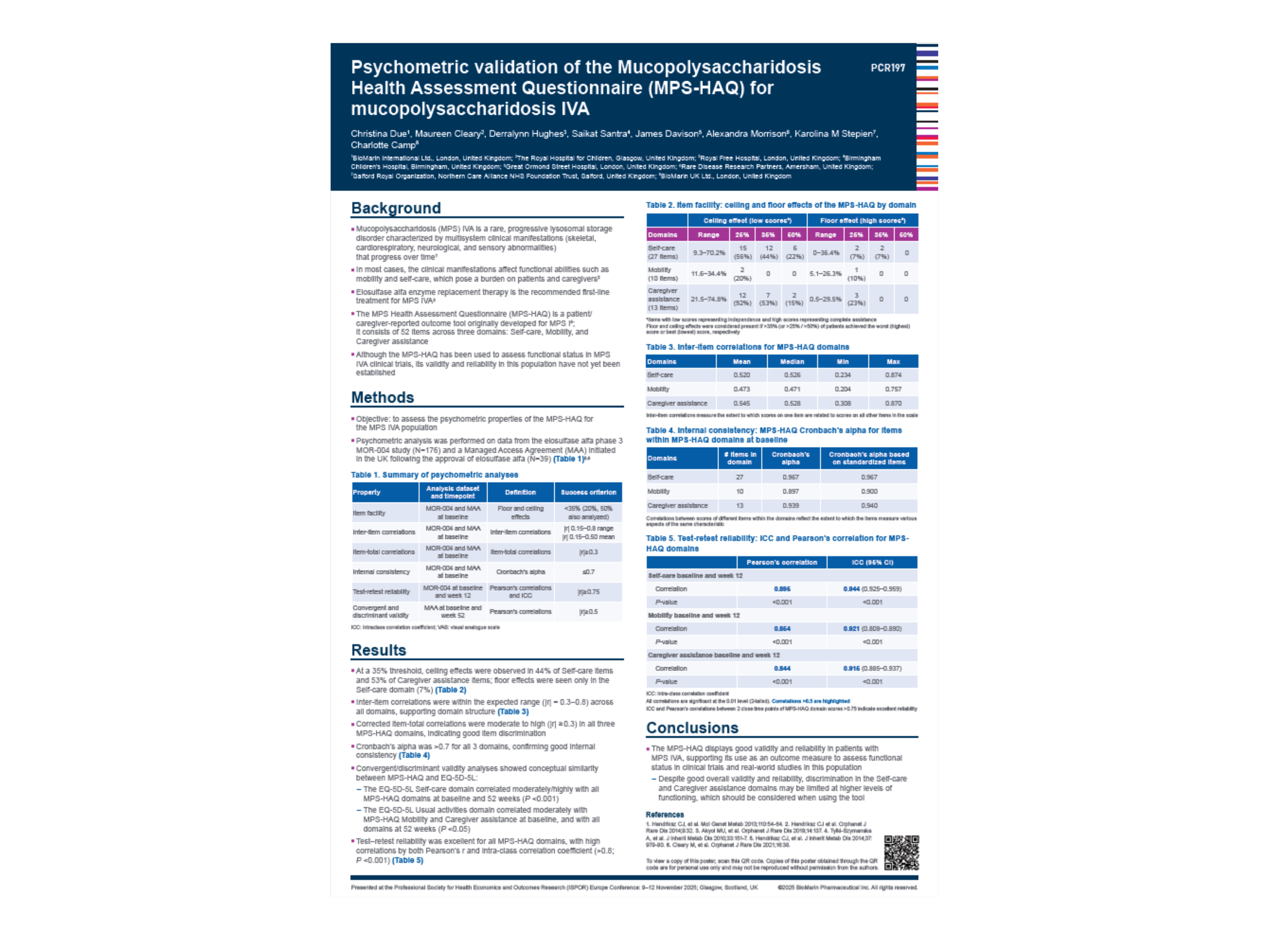 Psychometric validation of the MPS HAQ for mucopolysaccharidosis IVA. MPS IVA | 11/2025. Poster presented at ISPOR May 2025, Montreal