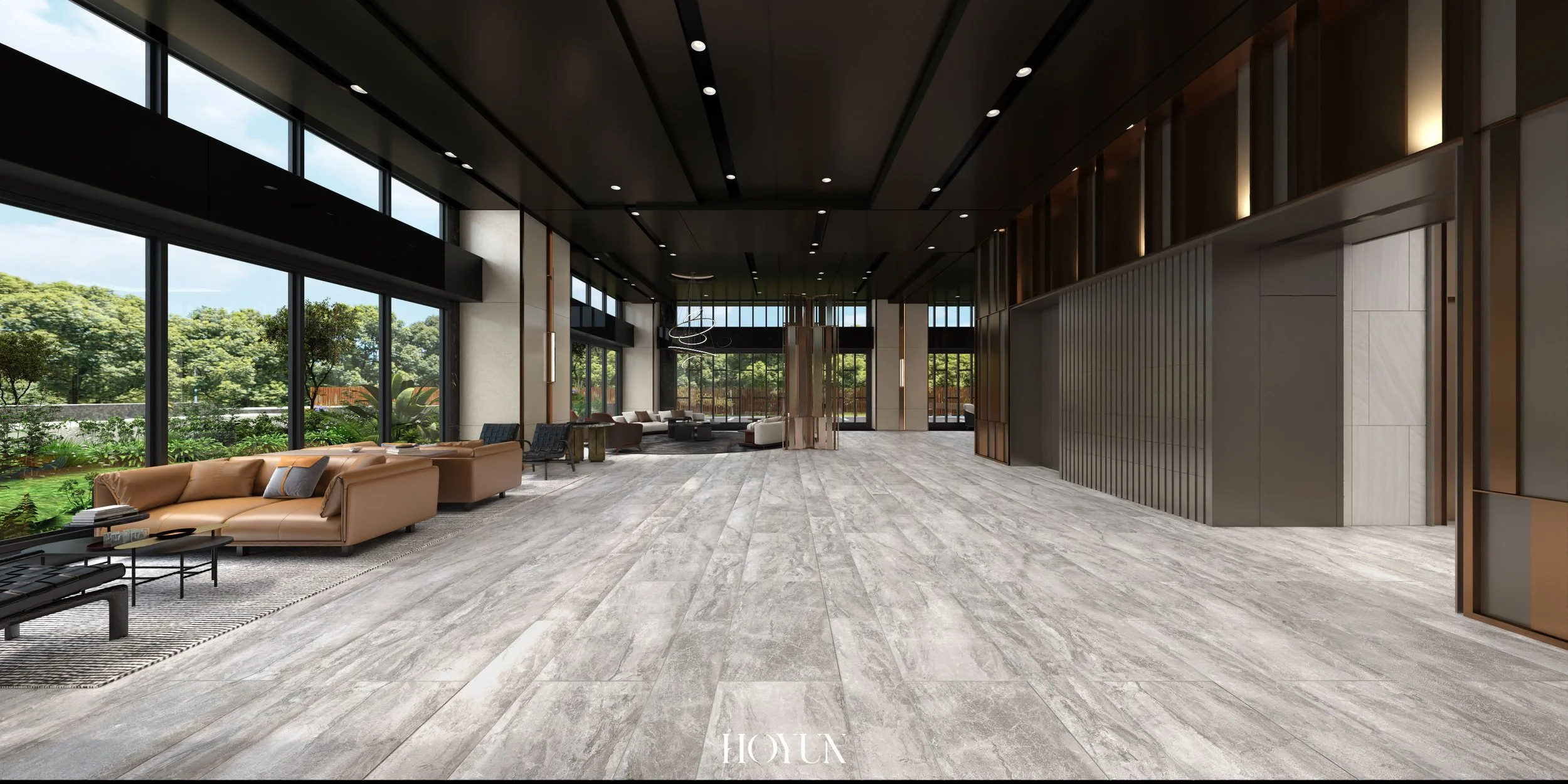 HOYUN 和勻設計｜建案大廳休憩區｜落地窗景觀與舒適沙發配置