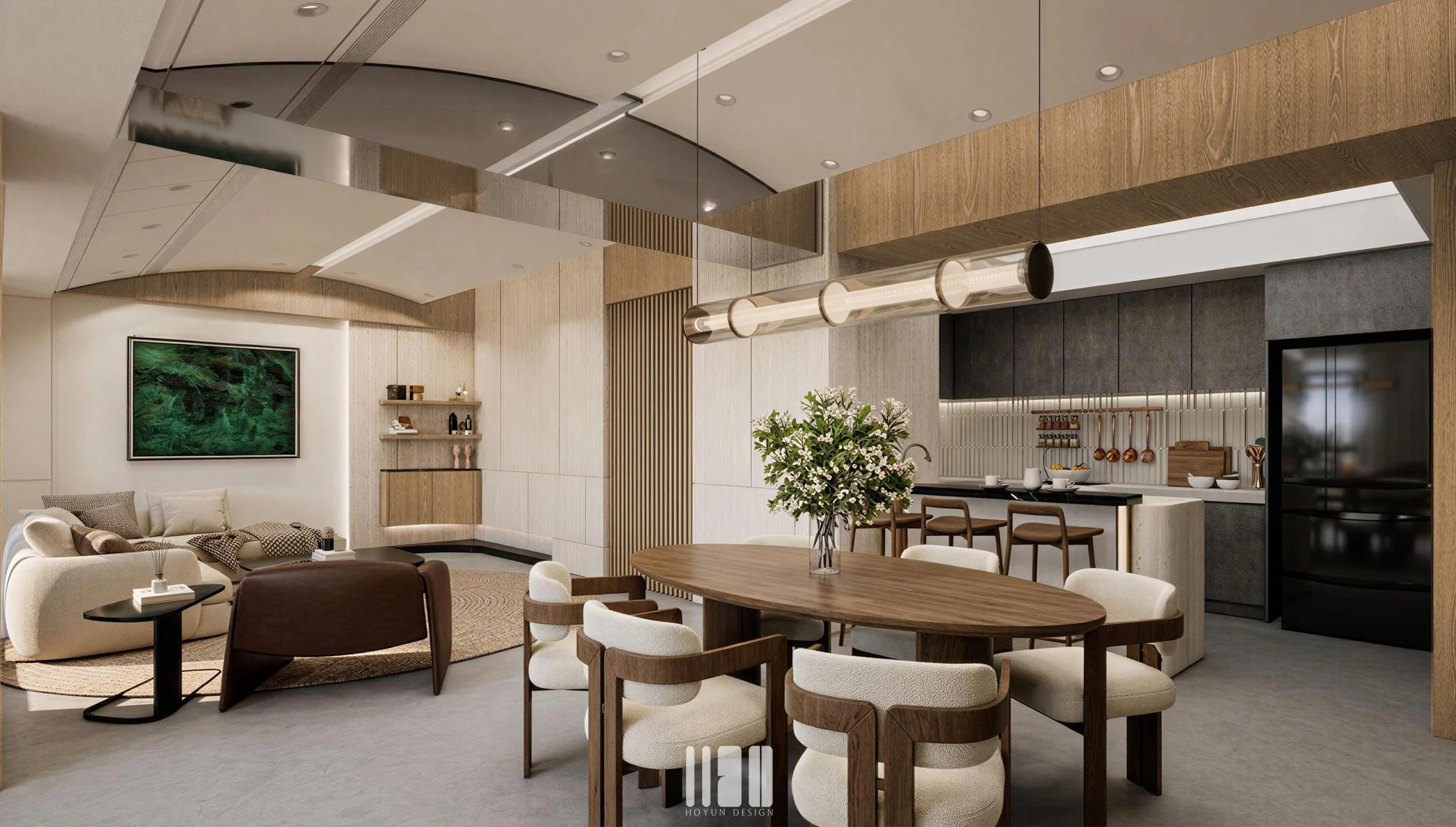 桃園青埔桃大詠毛胚屋室內設計，客廳與餐廳串聯後的開闊公領域