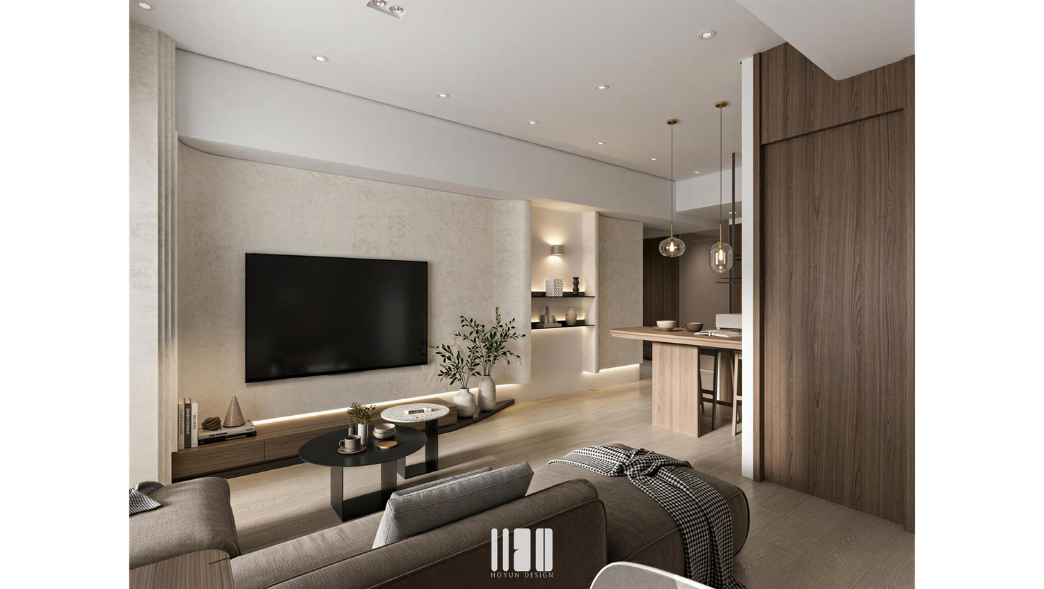 皇普園首之道客廳電視牆與餐廳主牆設計