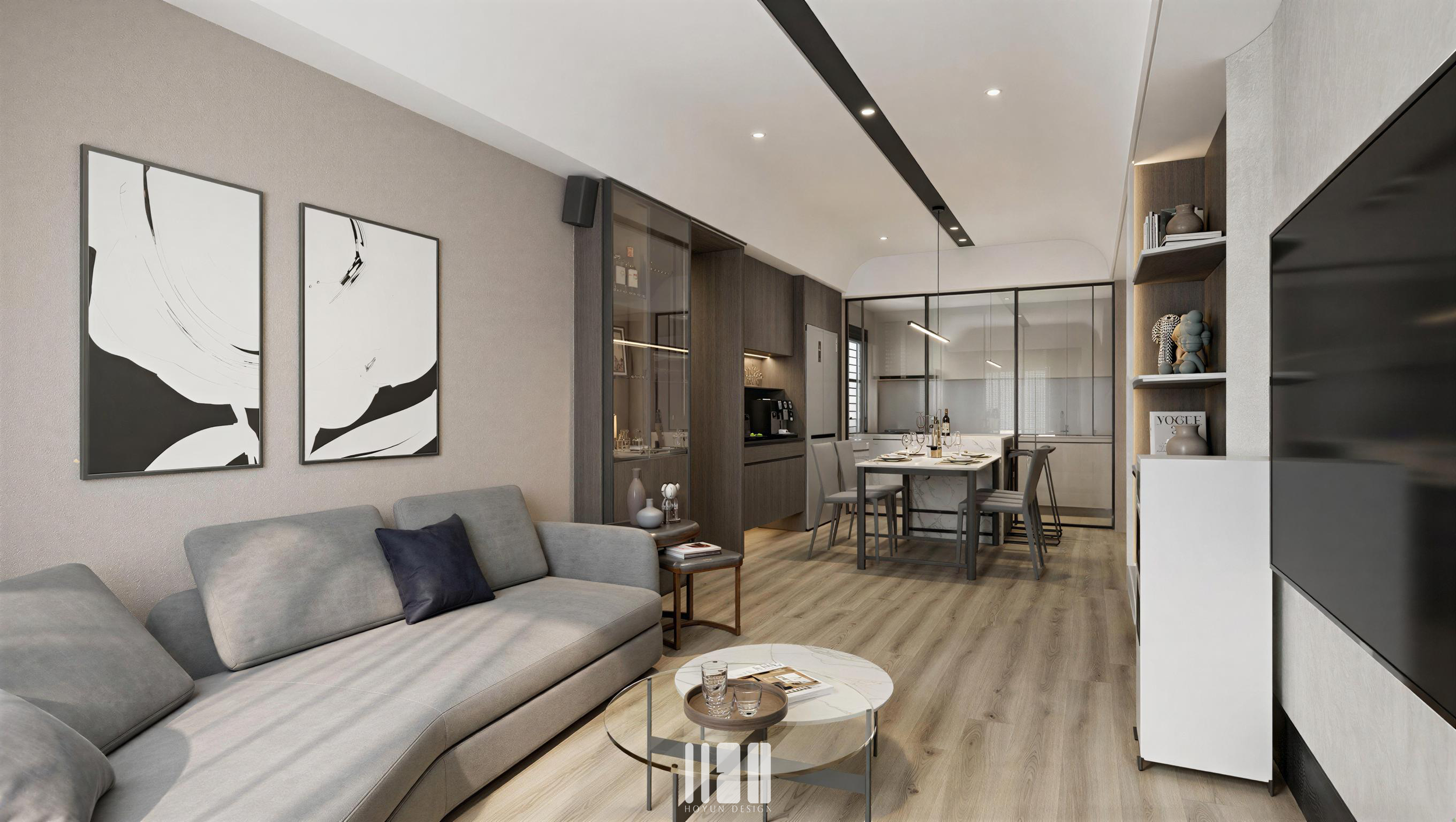 餐廳與廚房整合設計，大理石餐桌與收納櫃配置