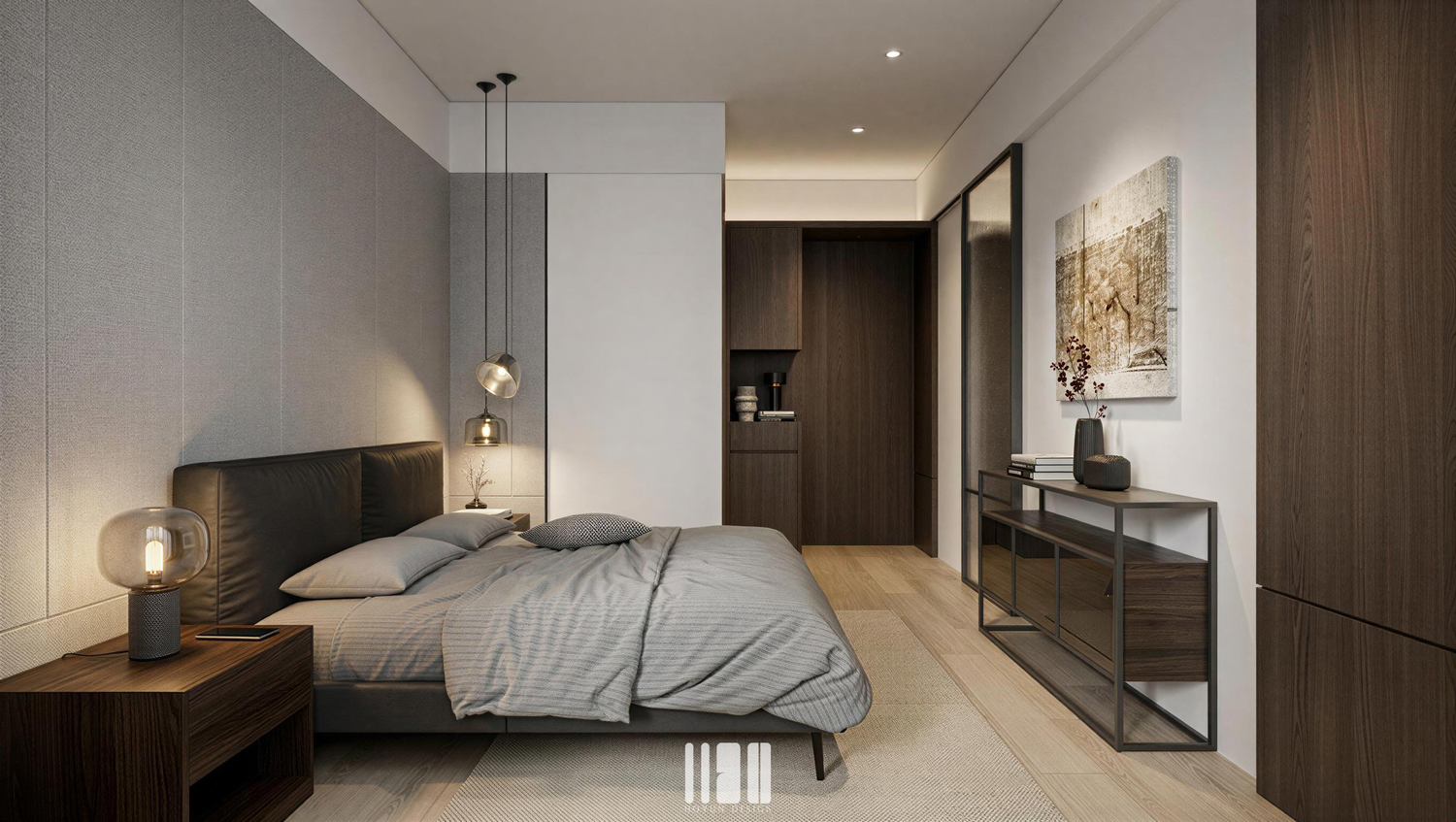 主臥室設計，木質調與柔和燈光氛圍