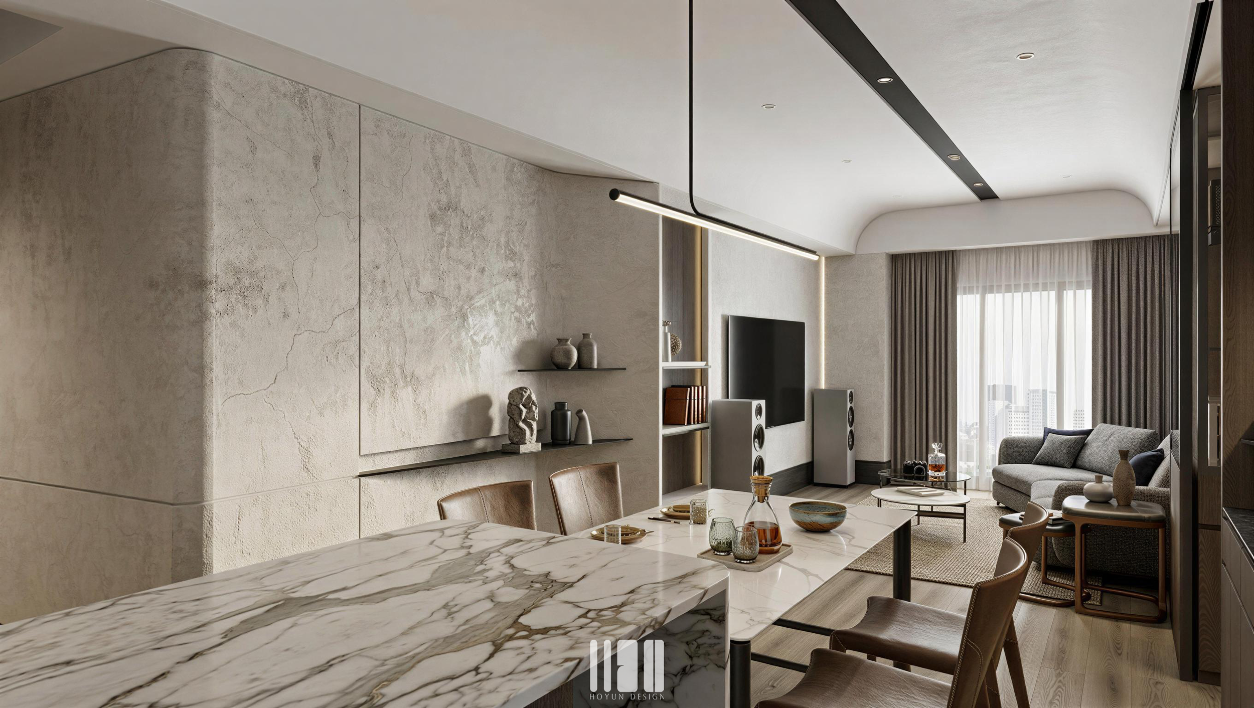 現代簡約客廳設計，電視牆延伸串聯玄關與餐廳