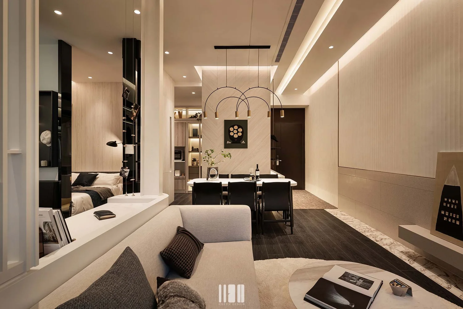 新北林口樣品屋｜客餐廳整體視角｜黑灰白高反差｜和勻設計