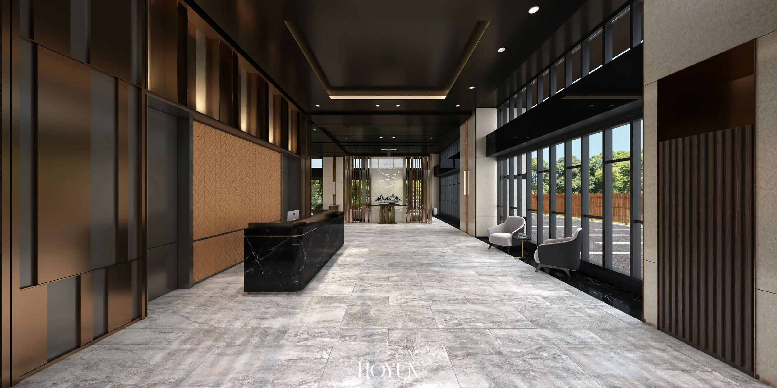 HOYUN 和勻設計｜建案接待大廳全景｜黑色天花與金屬牆面的精品迎賓設計