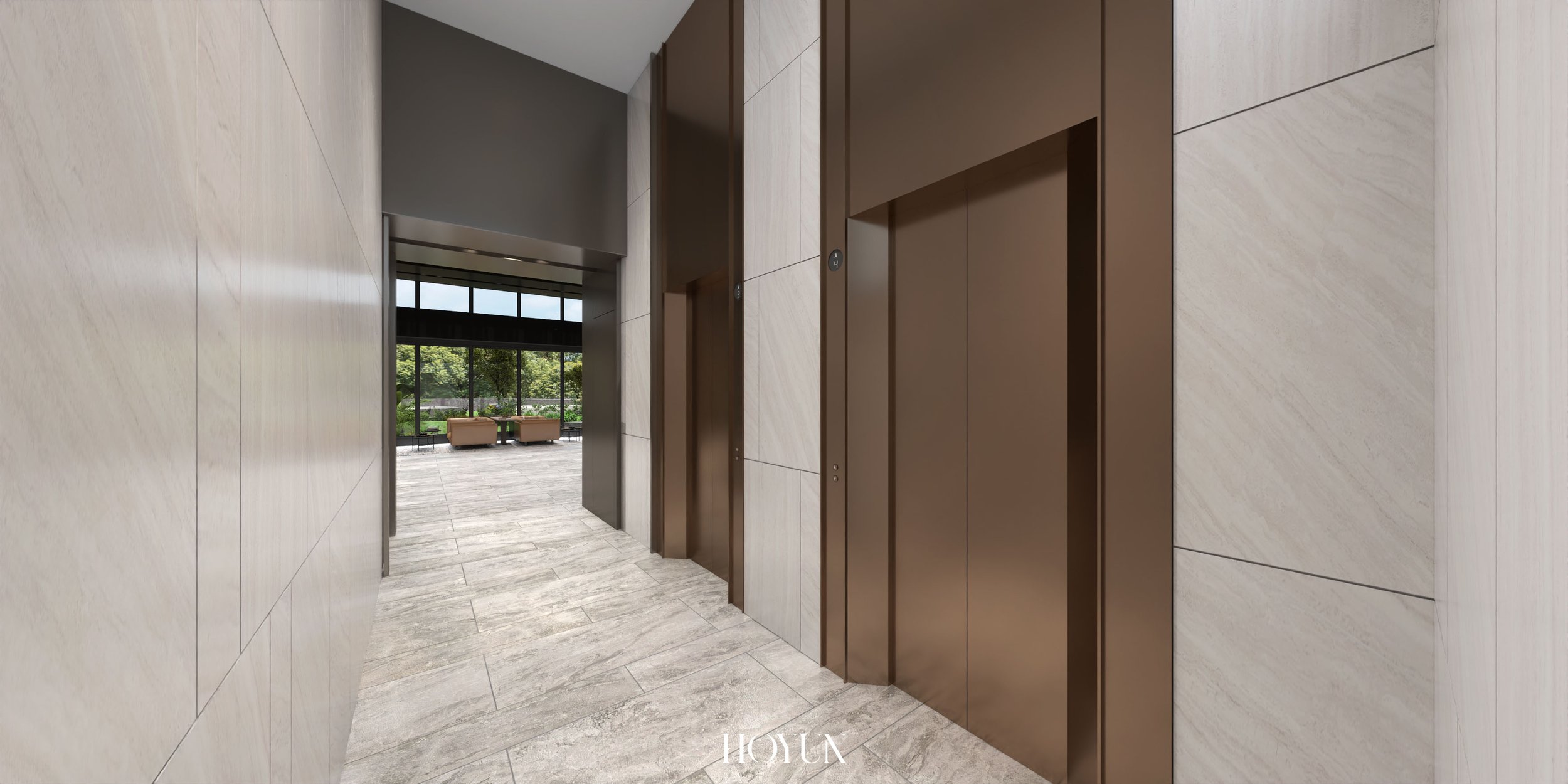 HOYUN 和勻設計｜建案電梯廳設計｜石材立面與金屬框線的質感過渡空間