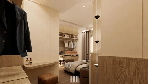 桃園青埔桃大詠主臥室設計，溫潤材質與收納整合規劃