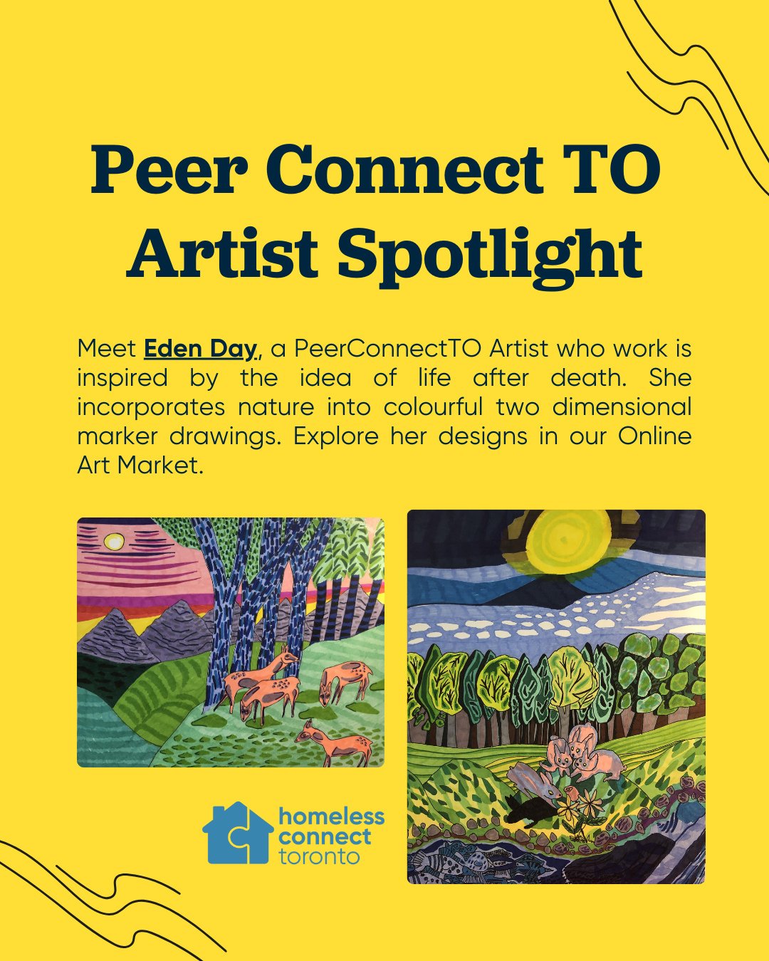 🎨We&rsquo;re proud to spotlight our talented PeerConnectTO artists! ⁠
⁠
Meet Eden Day, a PeerConnectTO Artist who work is inspired by the idea of life after death. She incorporates nature into colourful two dimensional marker drawings.⁠
⁠
🎄 Give th