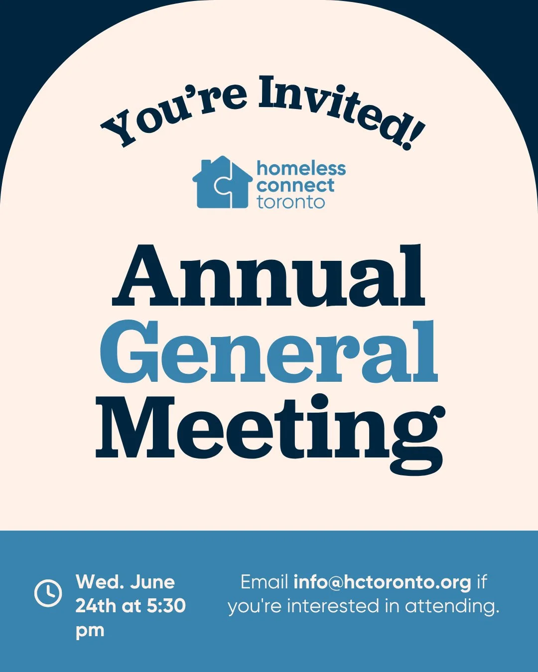 YOU'RE INVITED! Homeless Connect Toronto invites you to our Annual General Meeting on Wednesday June 24th at 5:30pm. 🎉⁠
⁠
Email info@hctoronto.org if you're interested in attending.⁠
⁠
#HomelessConnectToronto #HCT #EndHomelessness #Right2Housing