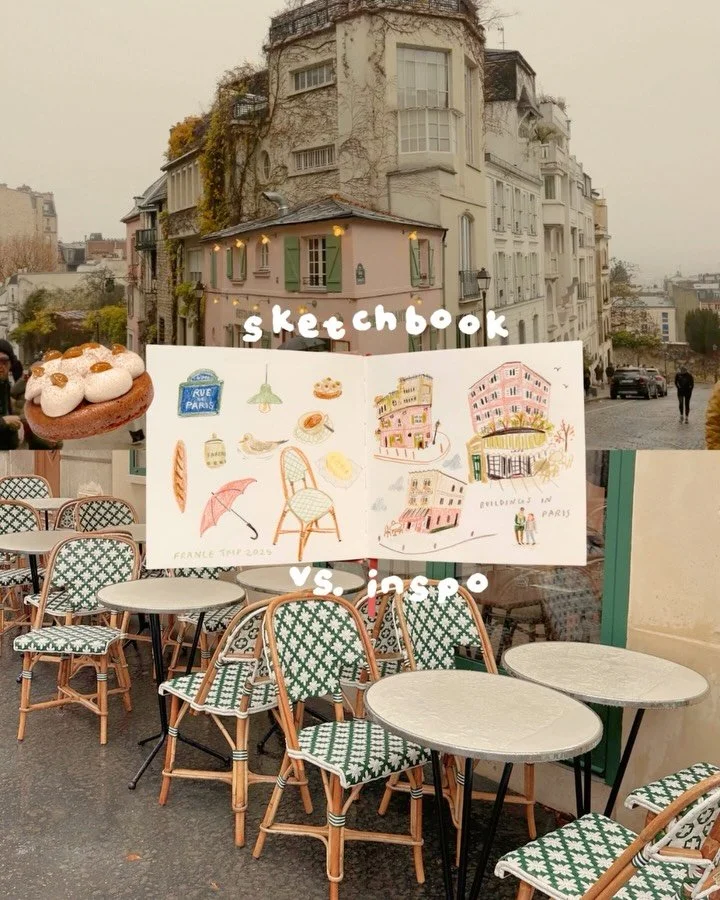 My sketchbook pages from my recent trip to France&hellip;. 👀 last page needs help? Suggestions? 

🎨 Wanna learn how to draw People &amp; places with me? Comment &ldquo;info&rdquo; for class details ✨

📔Mixed media sketchbook @drawfullco