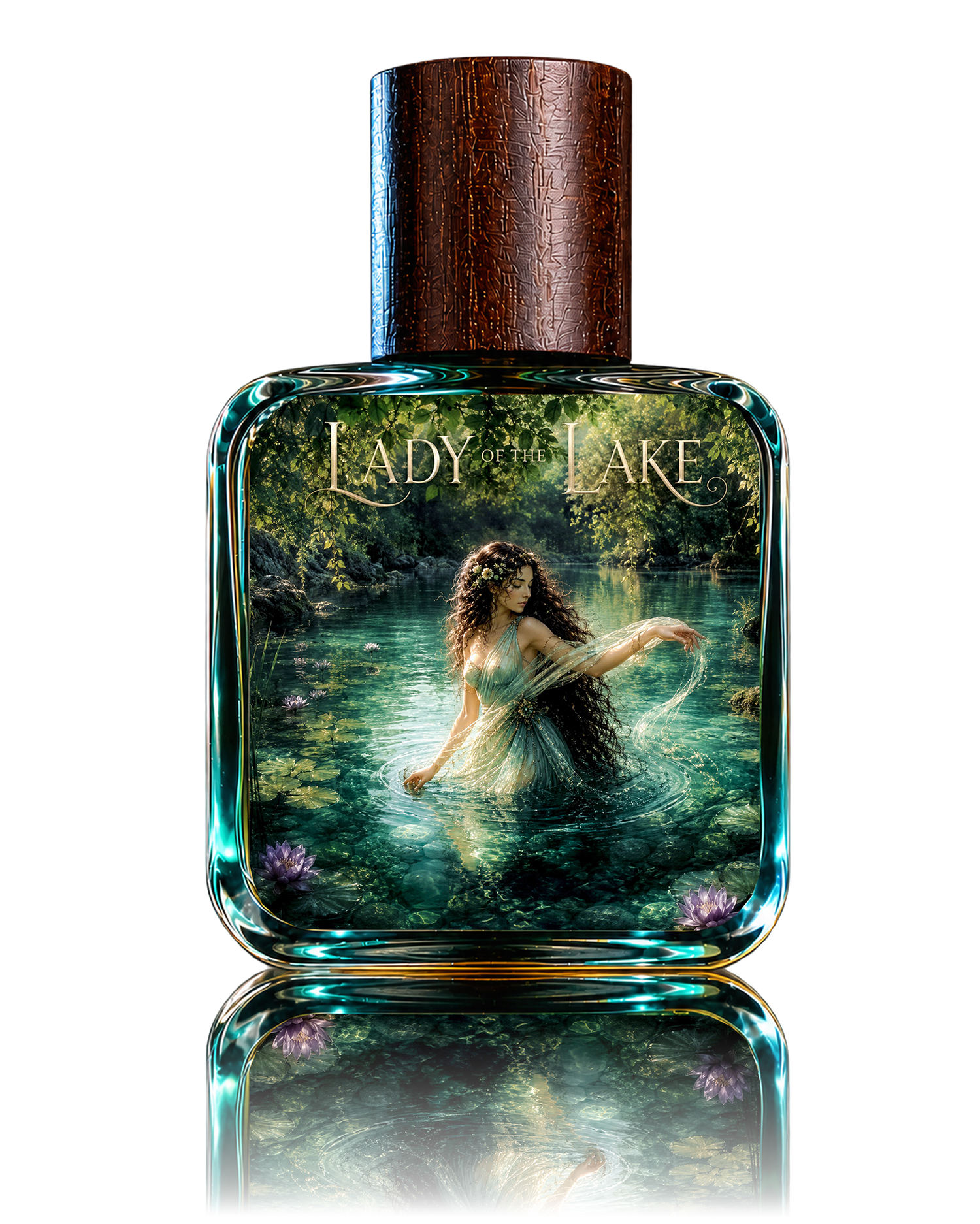 Lady of the Lake extrait de parfum flacon with a teal lake label
