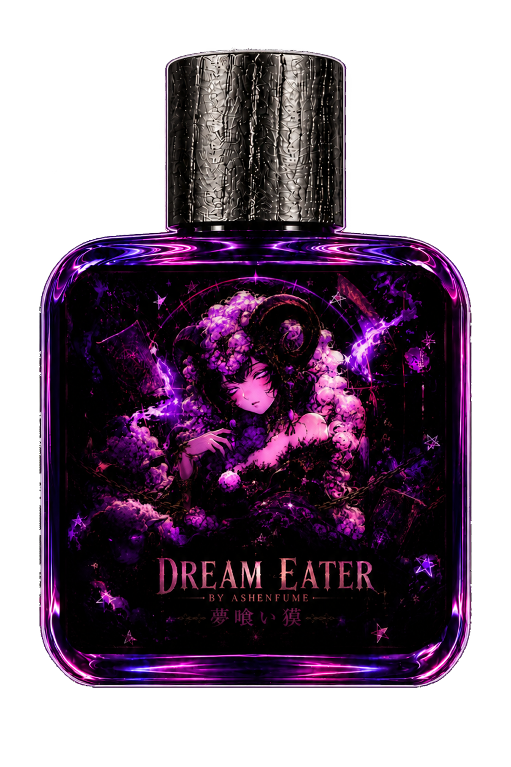 Dream Eater extrait de parfum, 50 mL flacon with an amethyst and gold label showing the horned baku
