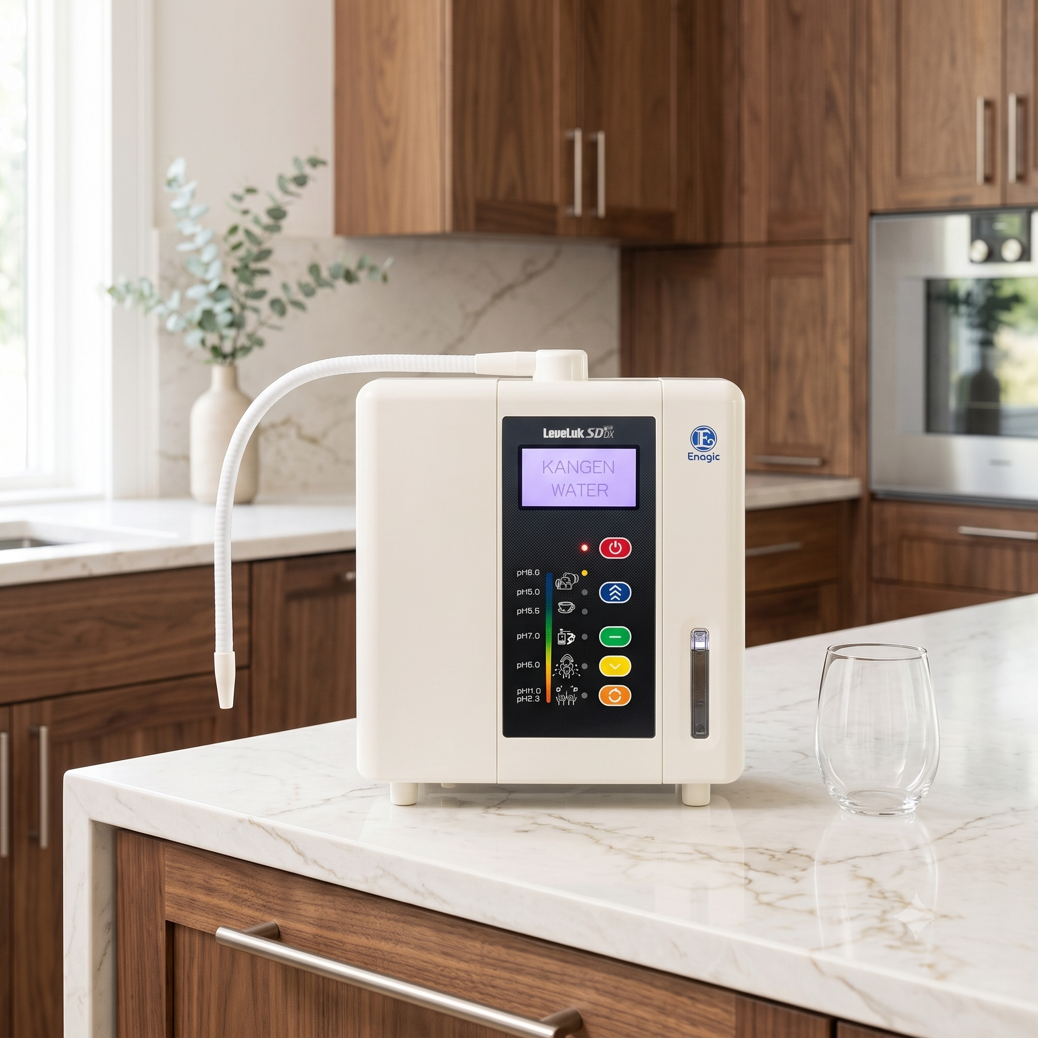 Enagic Leveluk SD501DX classic countertop water ionizer with white casing and digital LCD display panel.