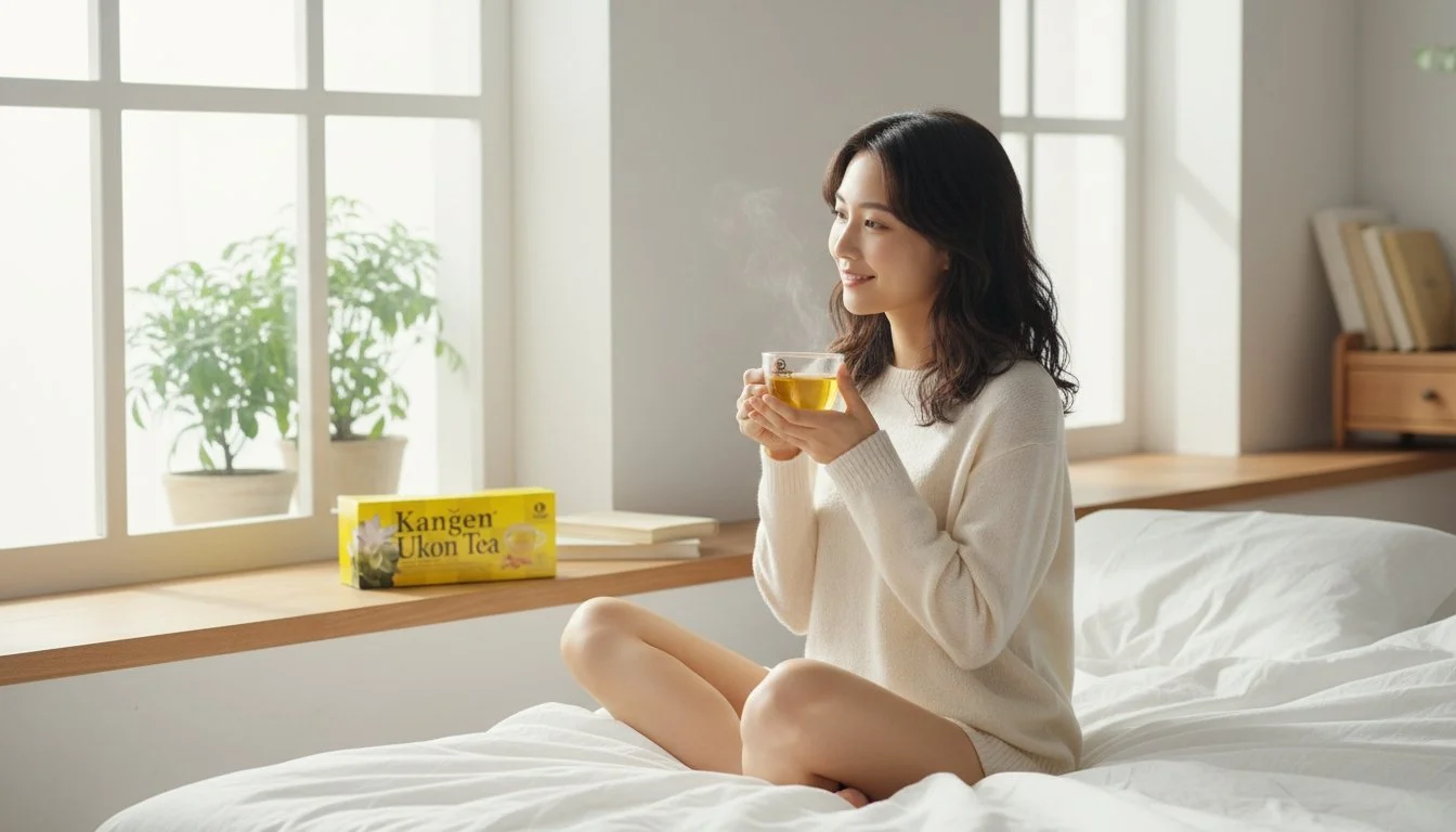 Young American woman sitting on the bed drinking a cup of Kangen UKON Tea.