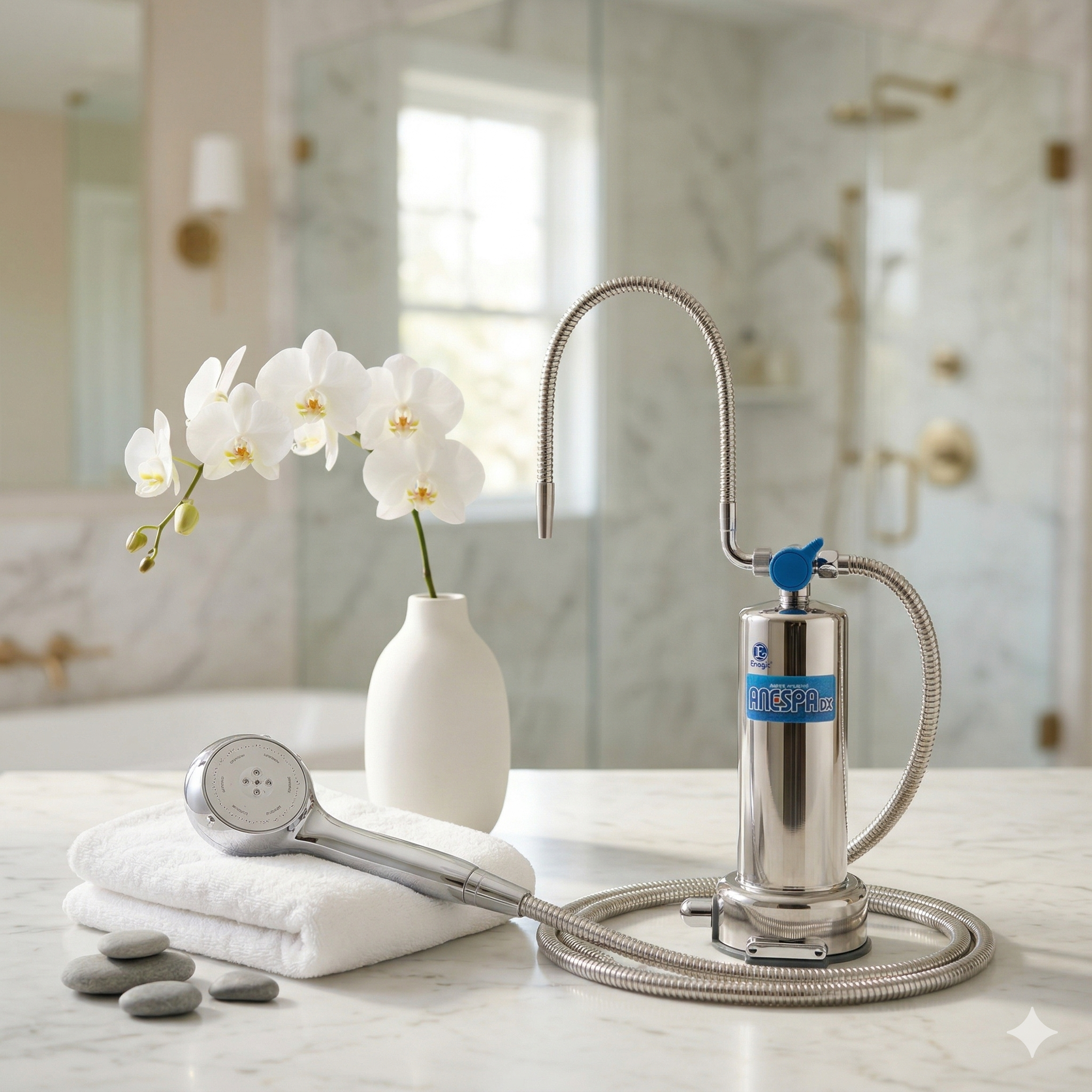 The Anespa DX Shower System on display in a luxury USA bathroom.