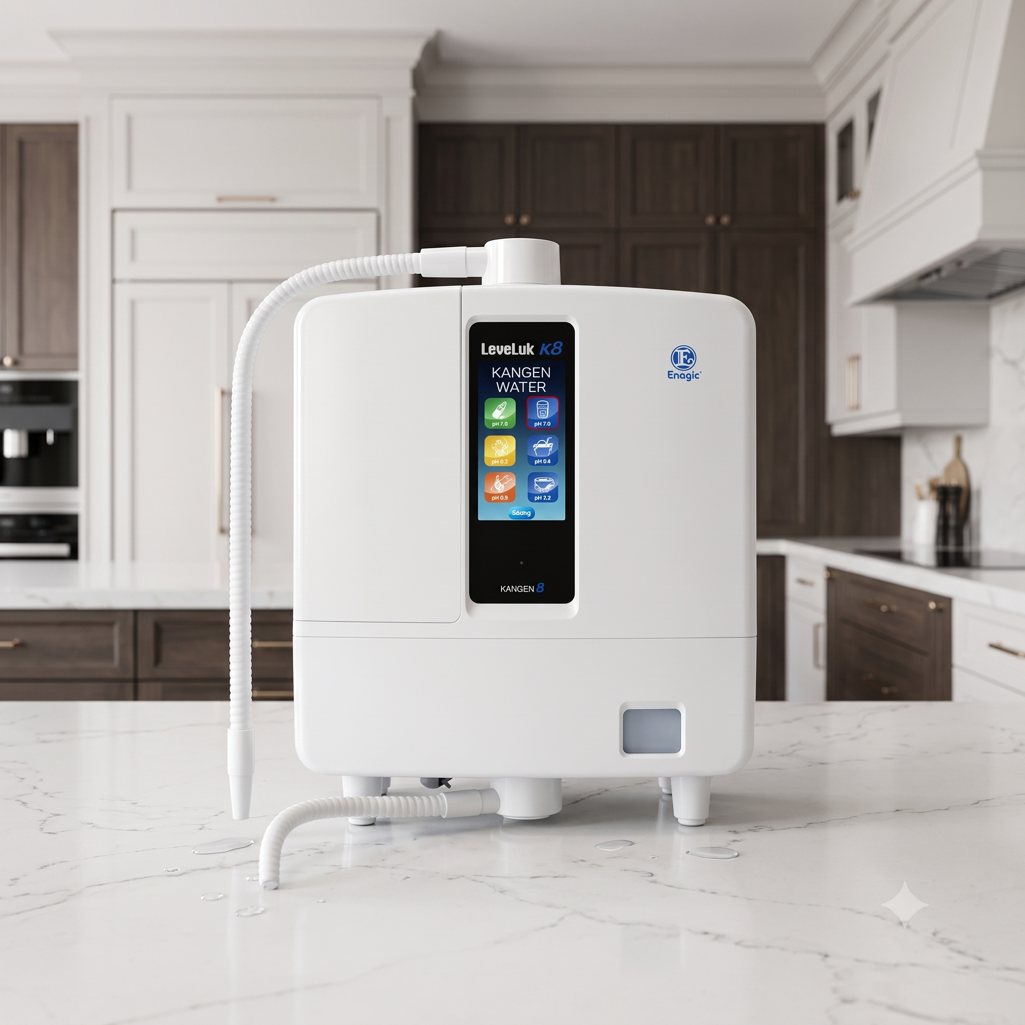 Enagic Leveluk K8 countertop Kangen Water machine featuring a large full-color LCD touchscreen display.