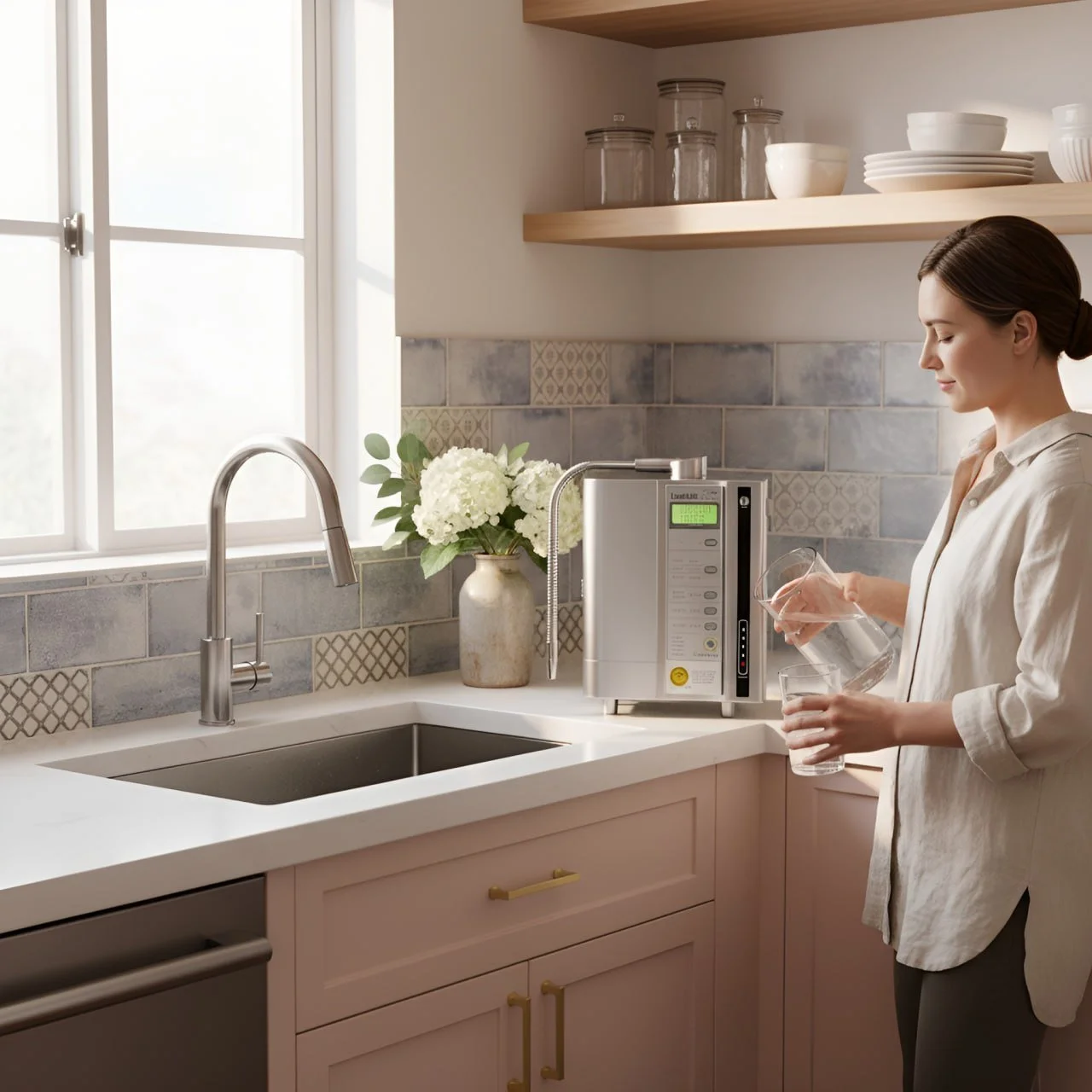 American woman pouring Kangen Water into a glass from her Leveluk SD501 Platinum machine in her modern bright kitchen.