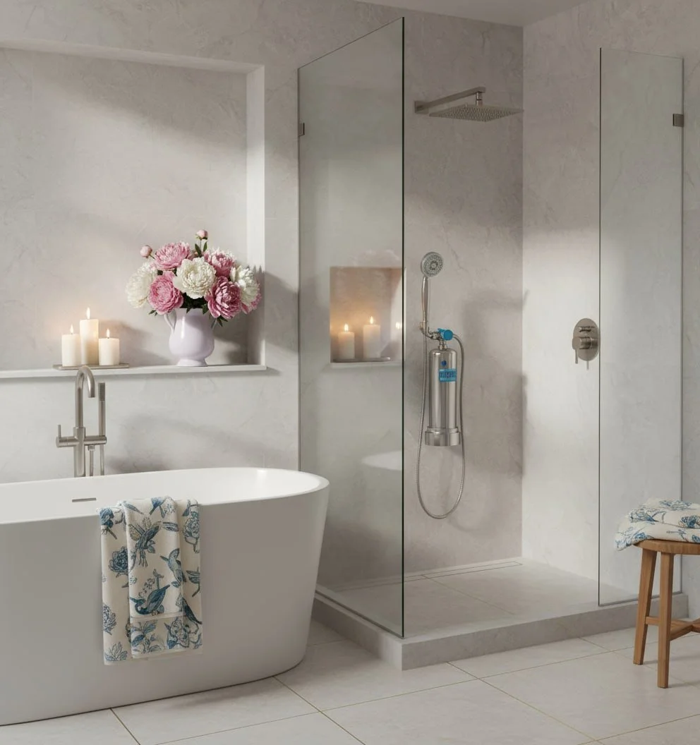 Anespa DX Shower System in beautiful modern bathroom setting.