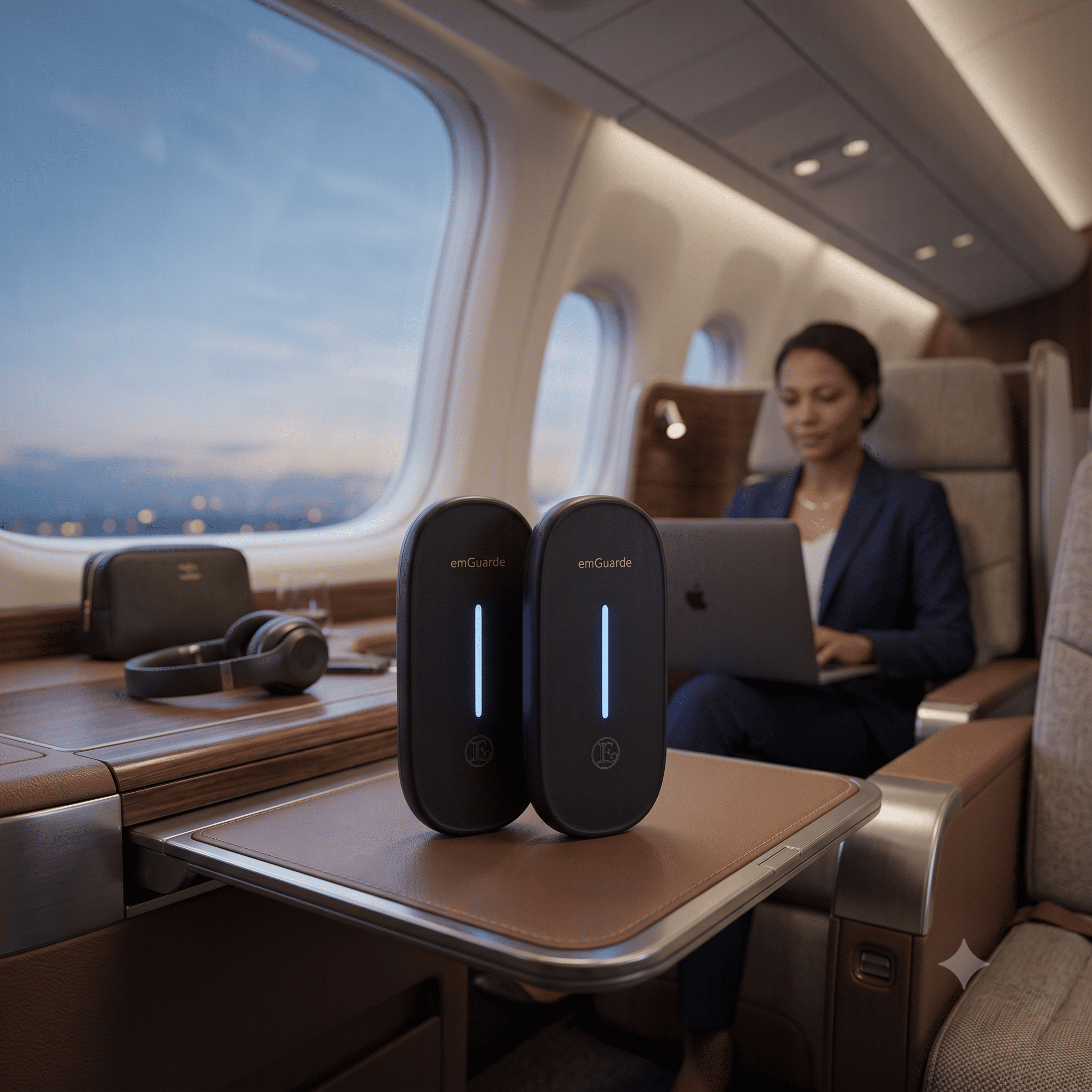 Enagic EmGuarde Go portable EMF protection device being used on a commercial airplane tray table.