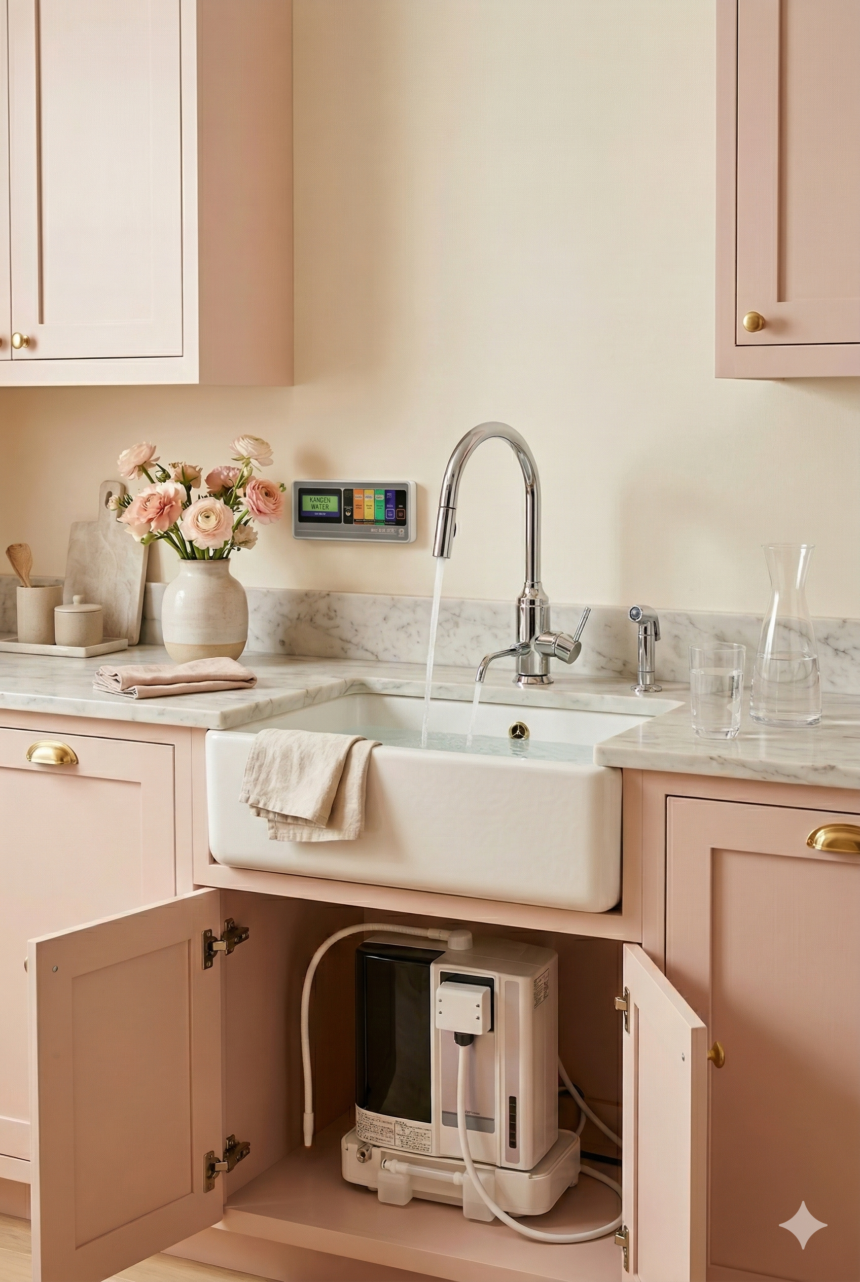 A Kangen SD501U Water Machine under the sink connected to the chrome faucet in a blush pink and gold luxury kitchen