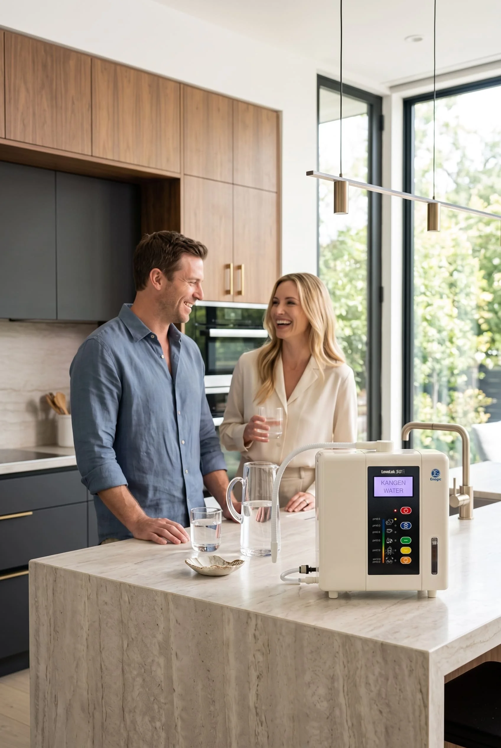 The newly designed Enagic Leveluk SD501DX water ionizer displayed on a contemporary kitchen island.