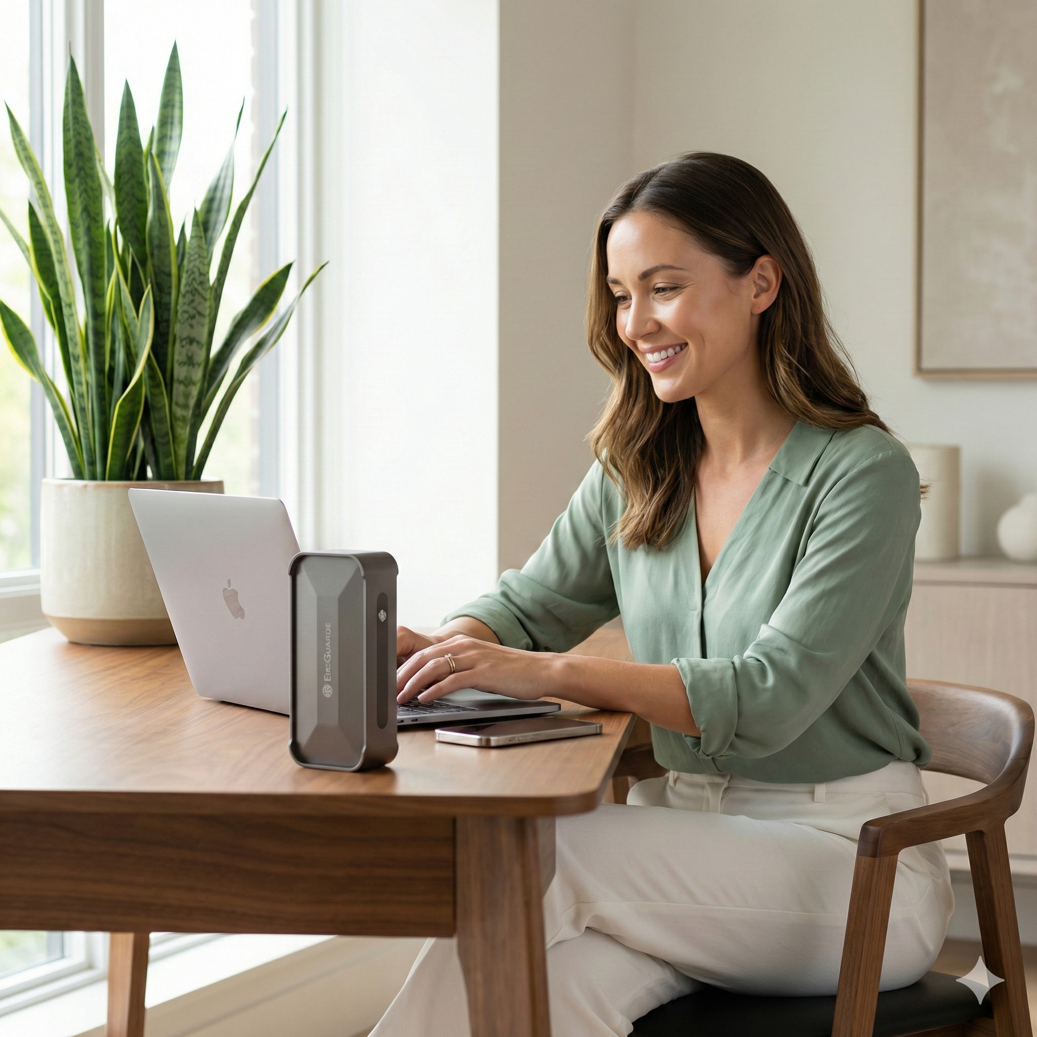 Young woman working on laptop with an Enagic EmGuarde on her desk protecting her from EMF.