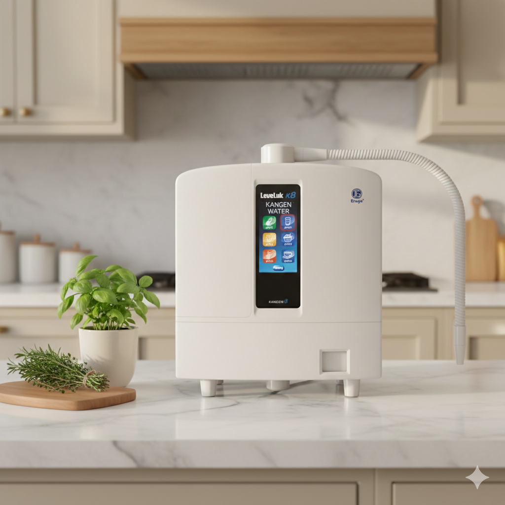 Enagic LeveLuk K8 Kangen Water machine with 8 platinum-coated titanium plates and a full-color touchscreen for maximum hydrogen-rich antioxidant water.