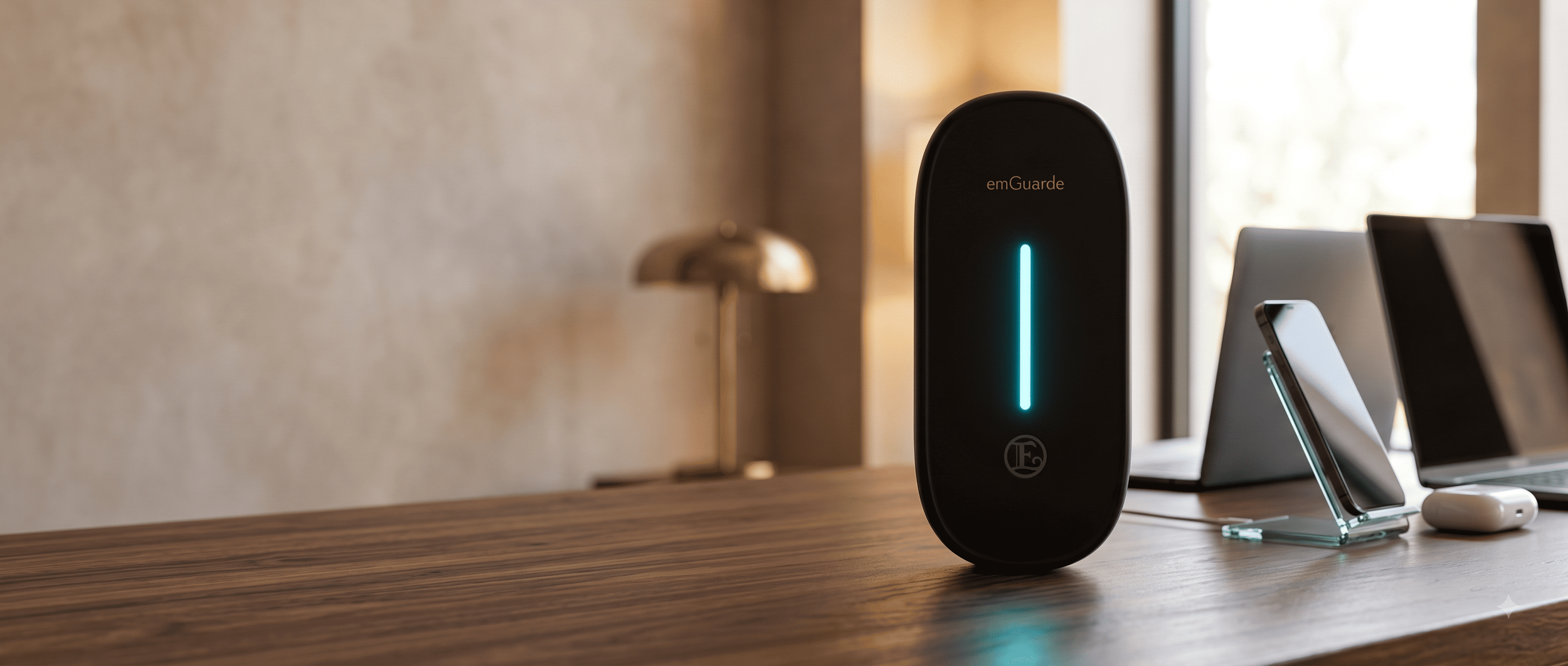 The Enagic EmGuarde Go active environmental harmonizer on a modern home office desk