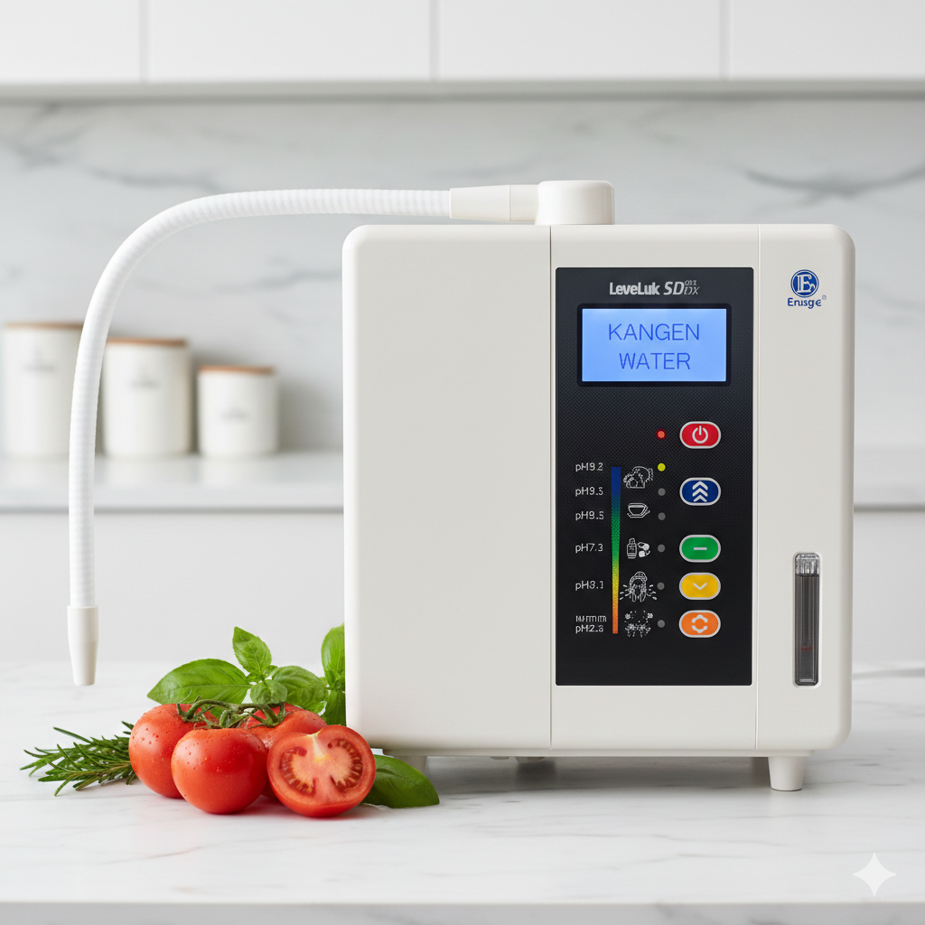 Leveluk SD501DX Kangen Water machine in a modern white kitchen, showing the new sleek, space-saving design with a large digital LCD display.