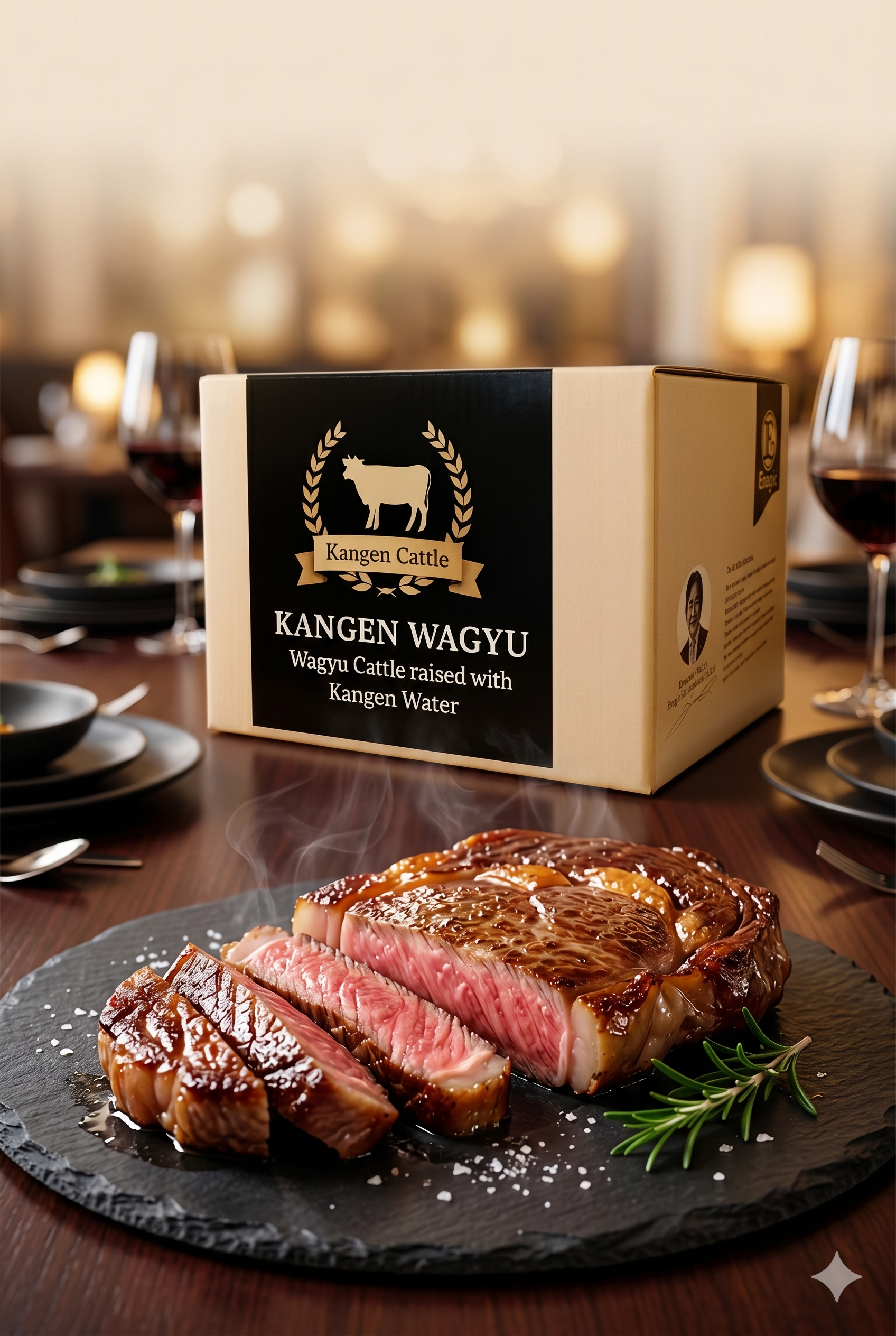 Premium, medium-rare Kangen Wagyu steak sliced on a dark stone plate with sea salt, featuring the official Kangen Wagyu Premium Set box in a luxury dining setting.