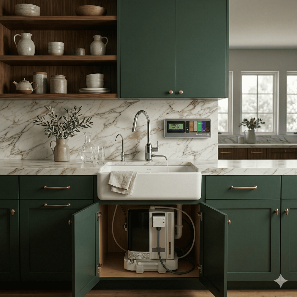 Enagic Leveluk SD501U under-sink alkaline water ionizer with dedicated chrome faucet installed in a modern kitchen