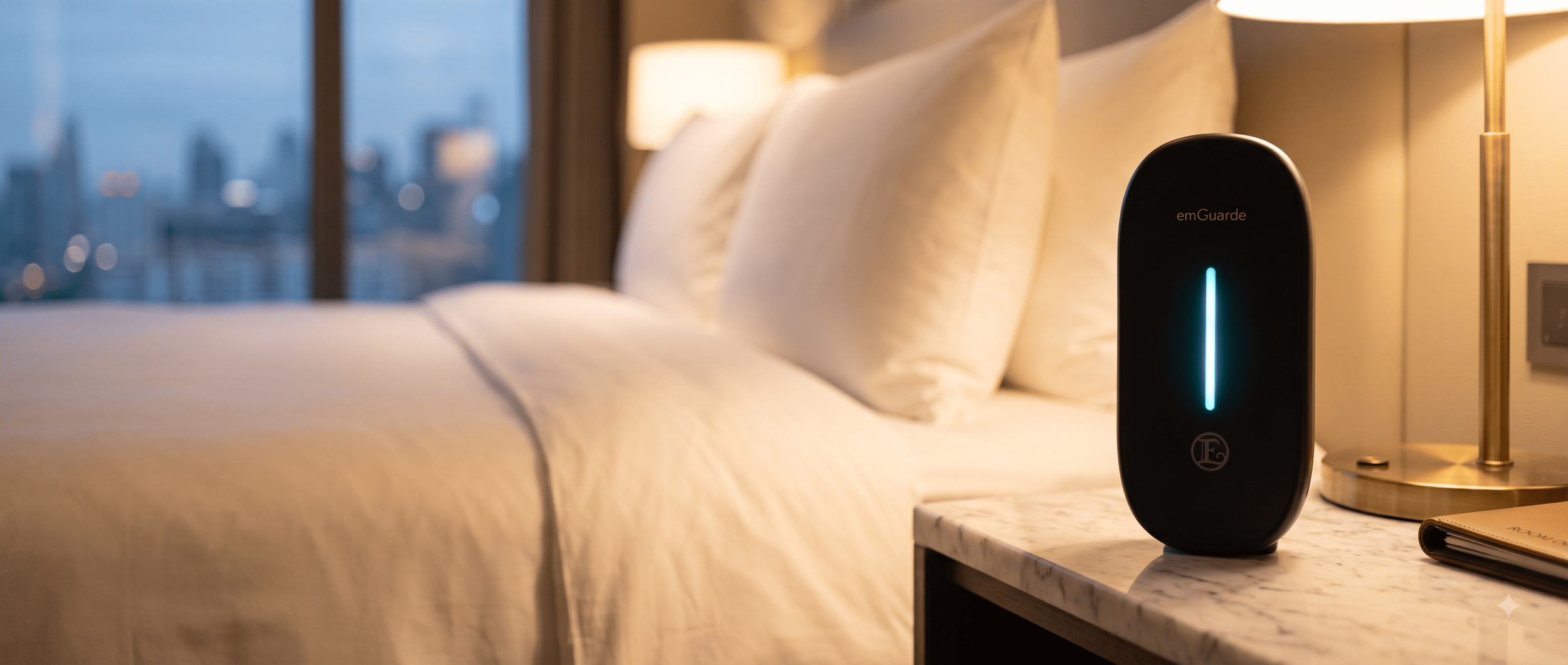 Enagic EmGuarde Go portable active EMF harmonizer glowing on a nightstand next to a luxury hotel bed, demonstrating travel-ready electromagnetic protection.