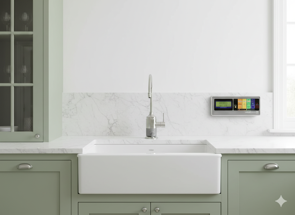 Leveluk SD501U Kangen Water Undersink machine featuring a sleek chrome faucet and wall-mounted digital control panel in a modern kitchen.