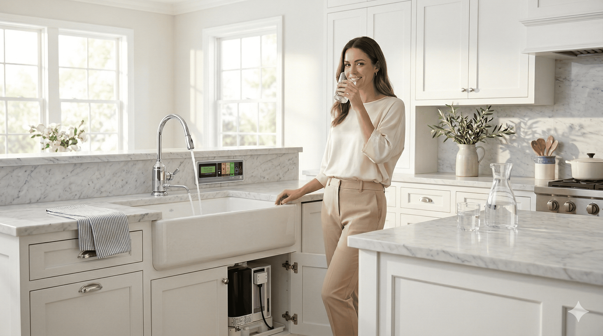 Dedicated dual-spout chrome faucet for the Leveluk SD501U dispensing alkaline Kangen Water at the kitchen sink wihile the machine sits under the sink hidden from view.