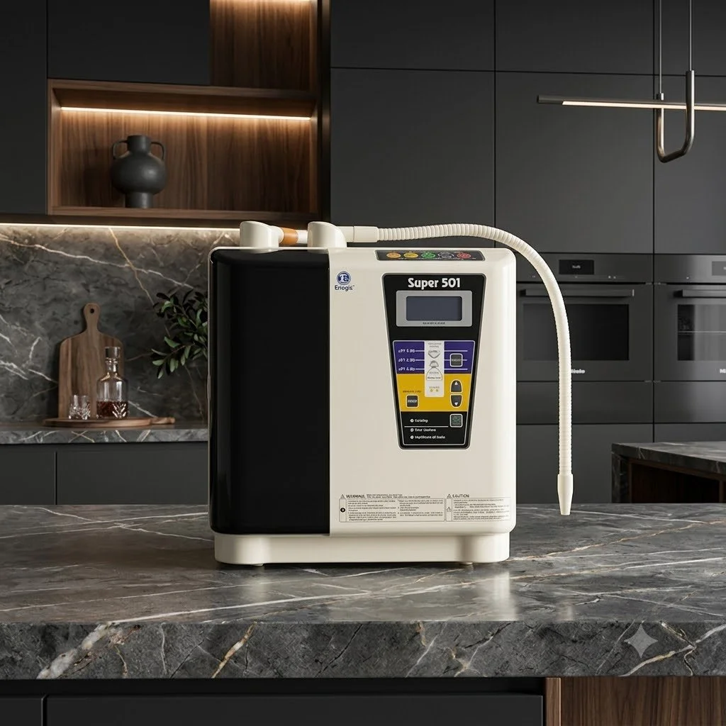 Enagic Leveluk Super 501 commercial-grade Kangen Water machine featuring dual electrolysis chambers and heavy-duty casing.