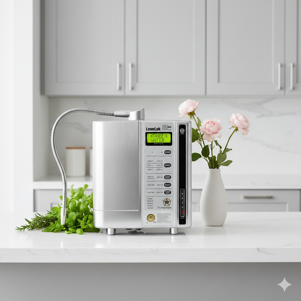 Sleek Leveluk SD501 Platinum Kangen Water machine in a modern grey kitchen, featuring a brushed platinum finish and elegant floral accents on a white marble counter.