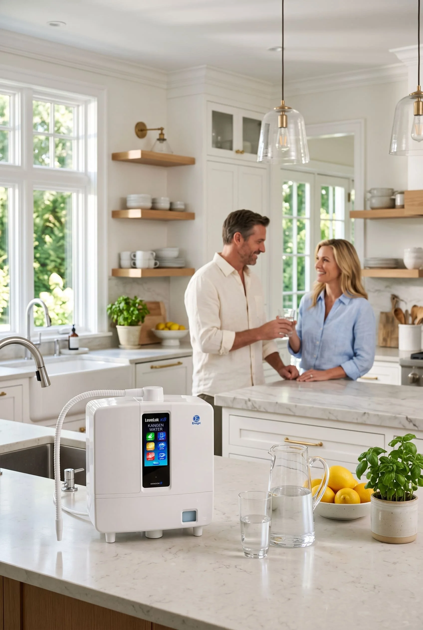 Enagic Leveluk K8 Kangen Water machine displayed on a modern home kitchen countertop.