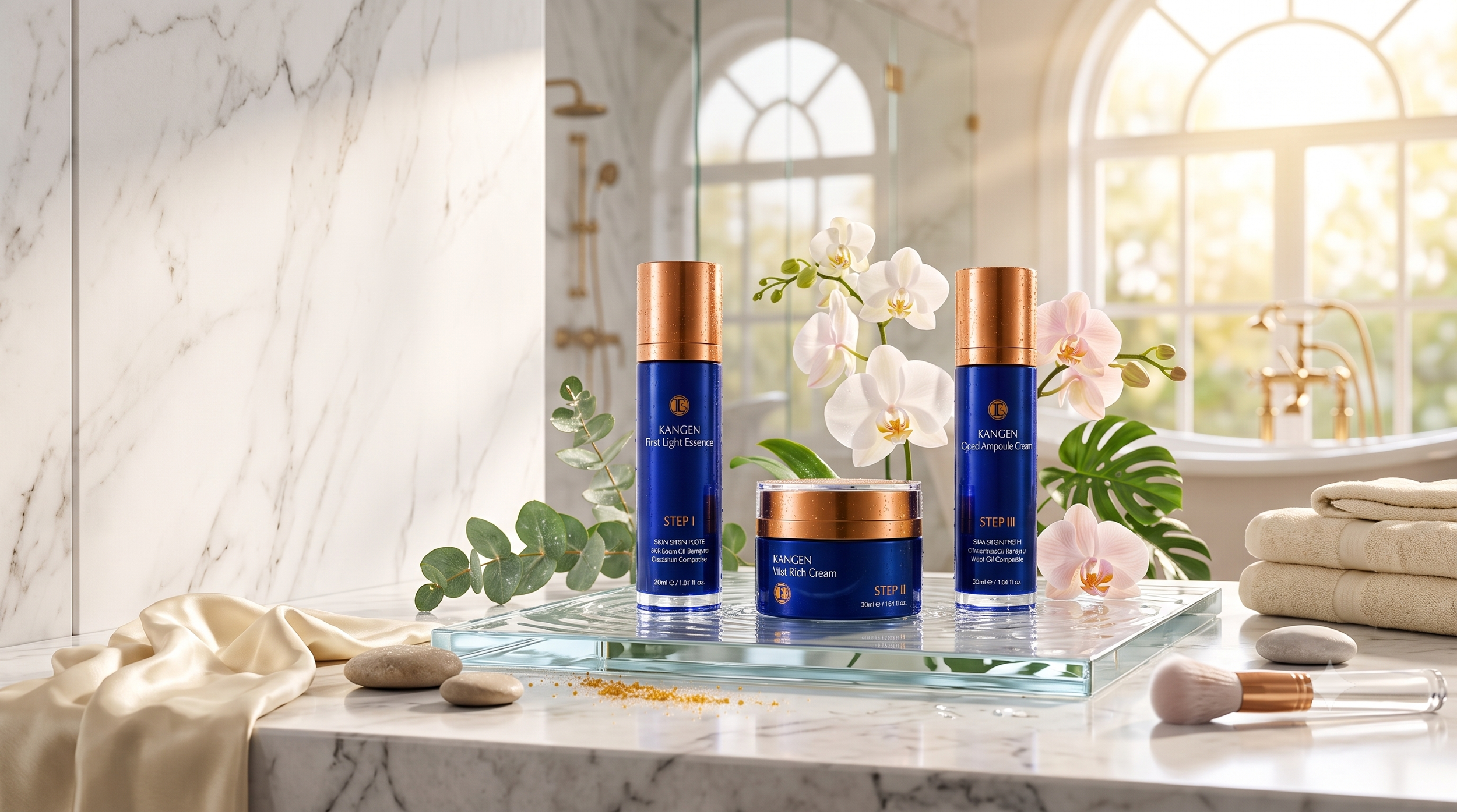 Kangen Beaute Timeless Radiance Collection featuring the complete 3-step skincare set inspired by Kangen Water