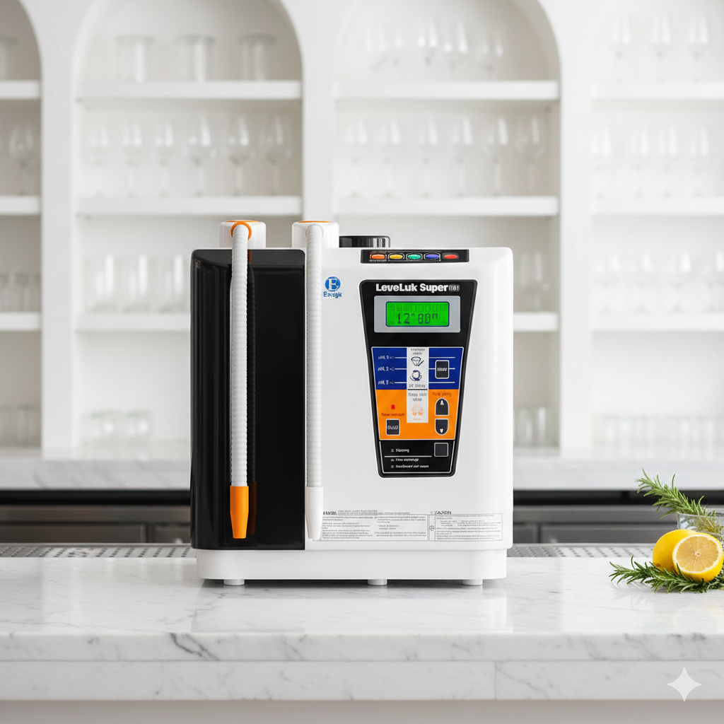 Enagic Leveluk Super 501 commercial grade water ionizer on a marble countertop, ideal for high-use environments like restaurants and juice bars.