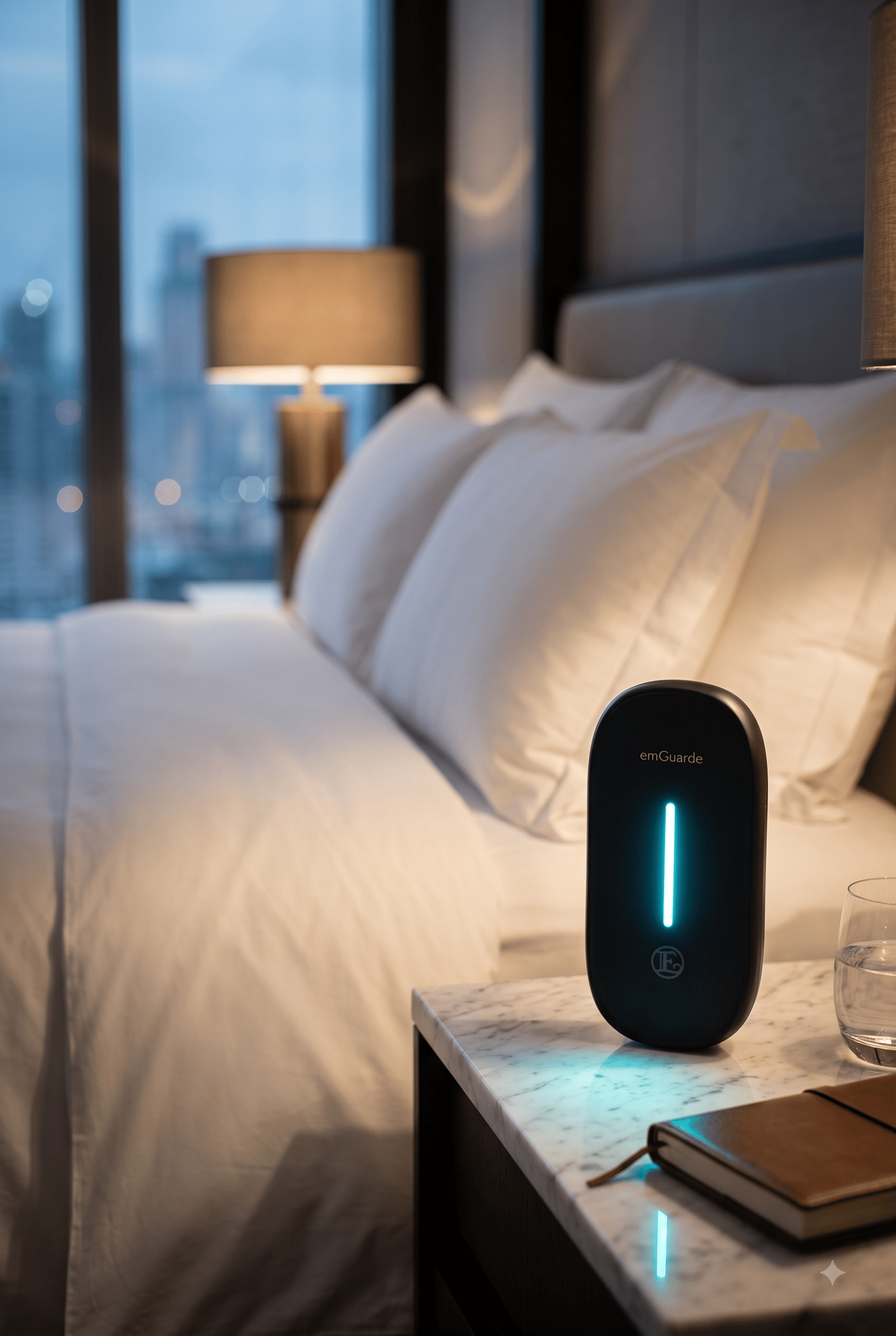 A clean angled view of the matte black, oval-shaped emGuarde portable EMF protection device, featuring gold text branding and a stylized gold 'E' for Enagic logo, on a bedside table in a luxury high rise hotel room.