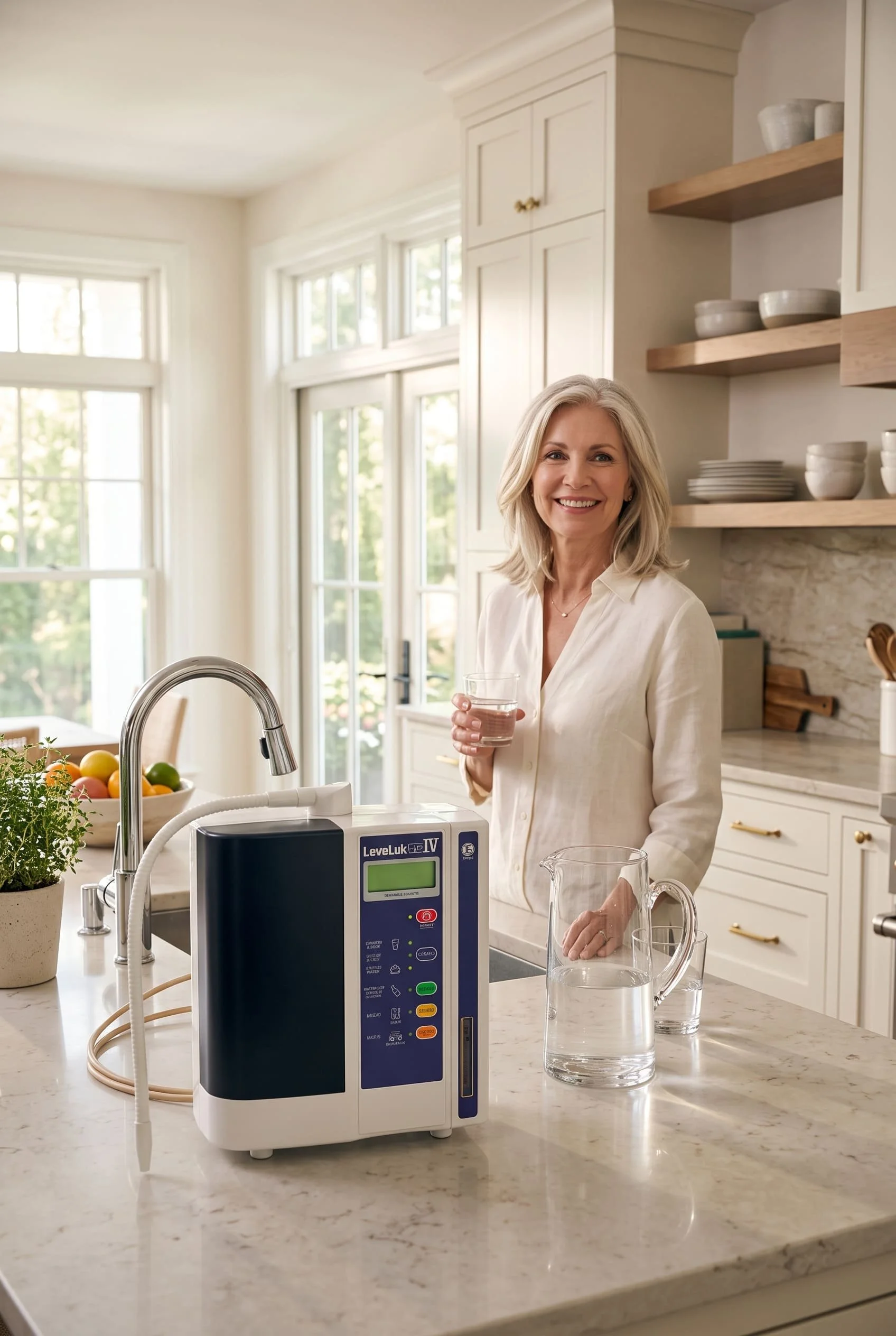 Enagic Leveluk JRIV Kangen Water machine on a compact apartment kitchen counter.