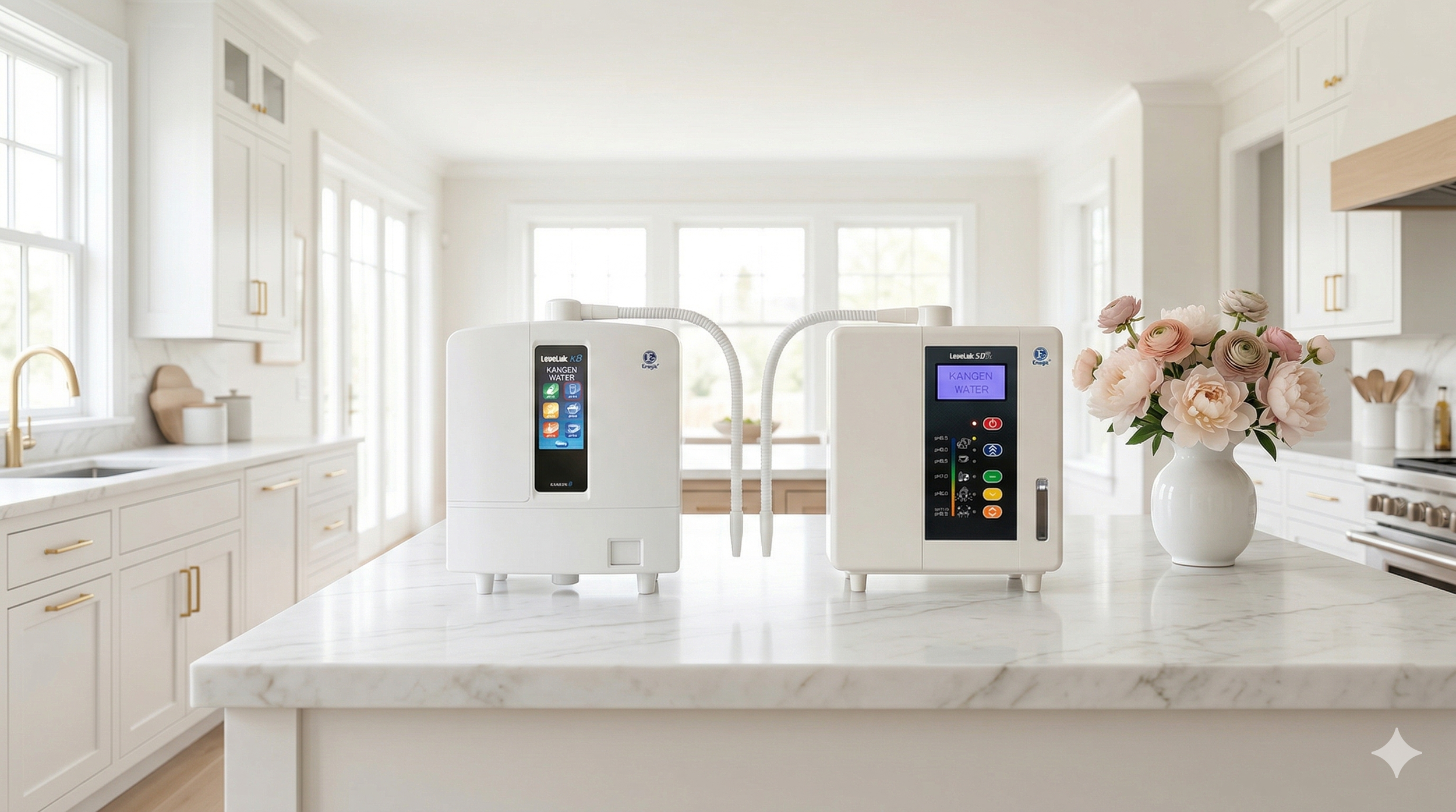 The Leveluk K8 and SD501DX kangen water machines standing next to each other on a luxury kitchen counter for buyer comparison.