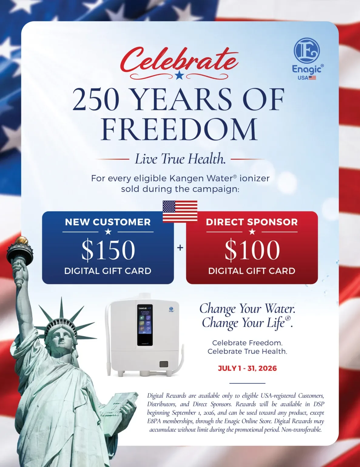 Get a $150 Enagic USA Gift card when you purchase a Kangen Water Machine in July!