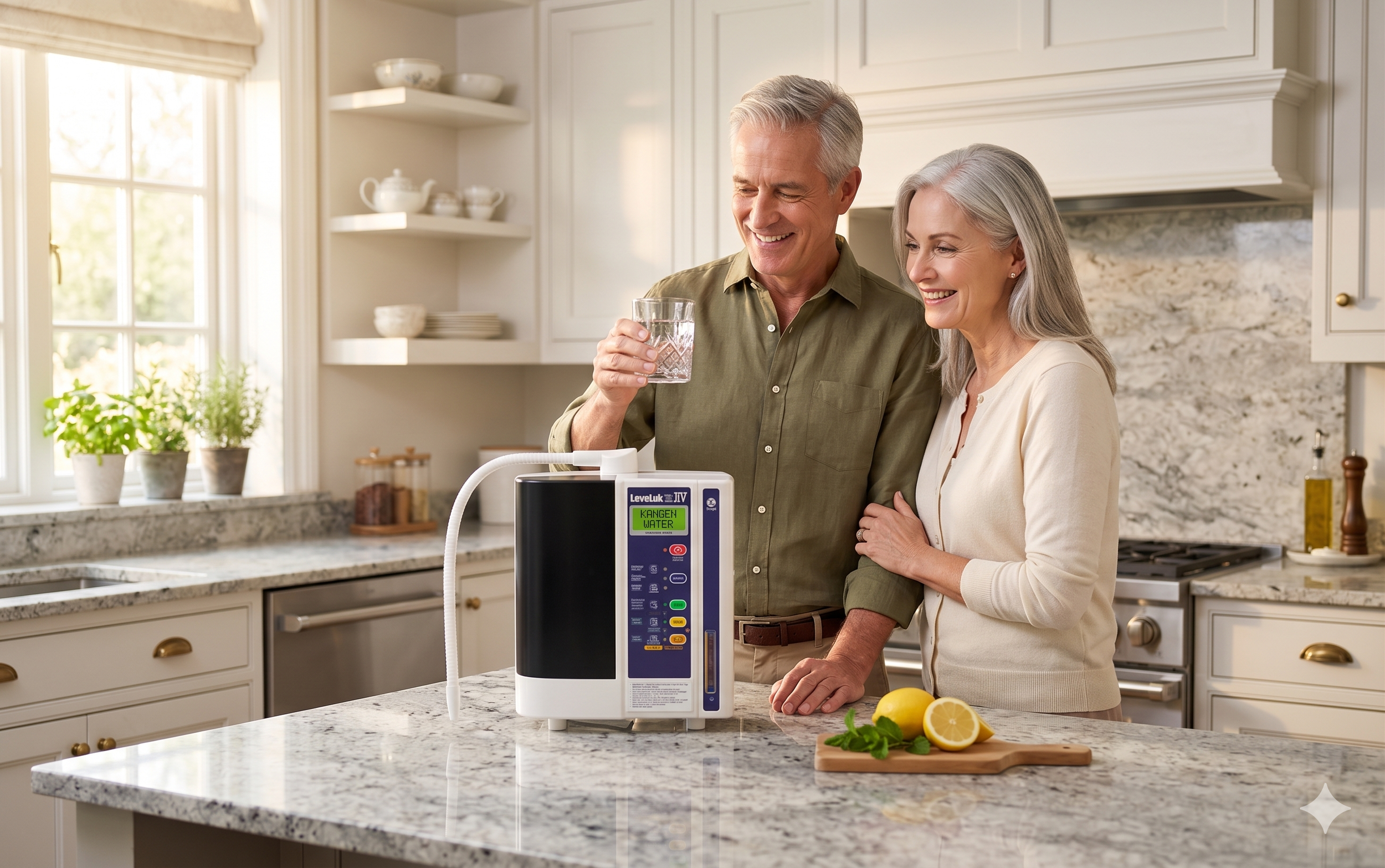 The lowest price kangen water machine, Leveluk JRIV, displayed on kitchen counter.
